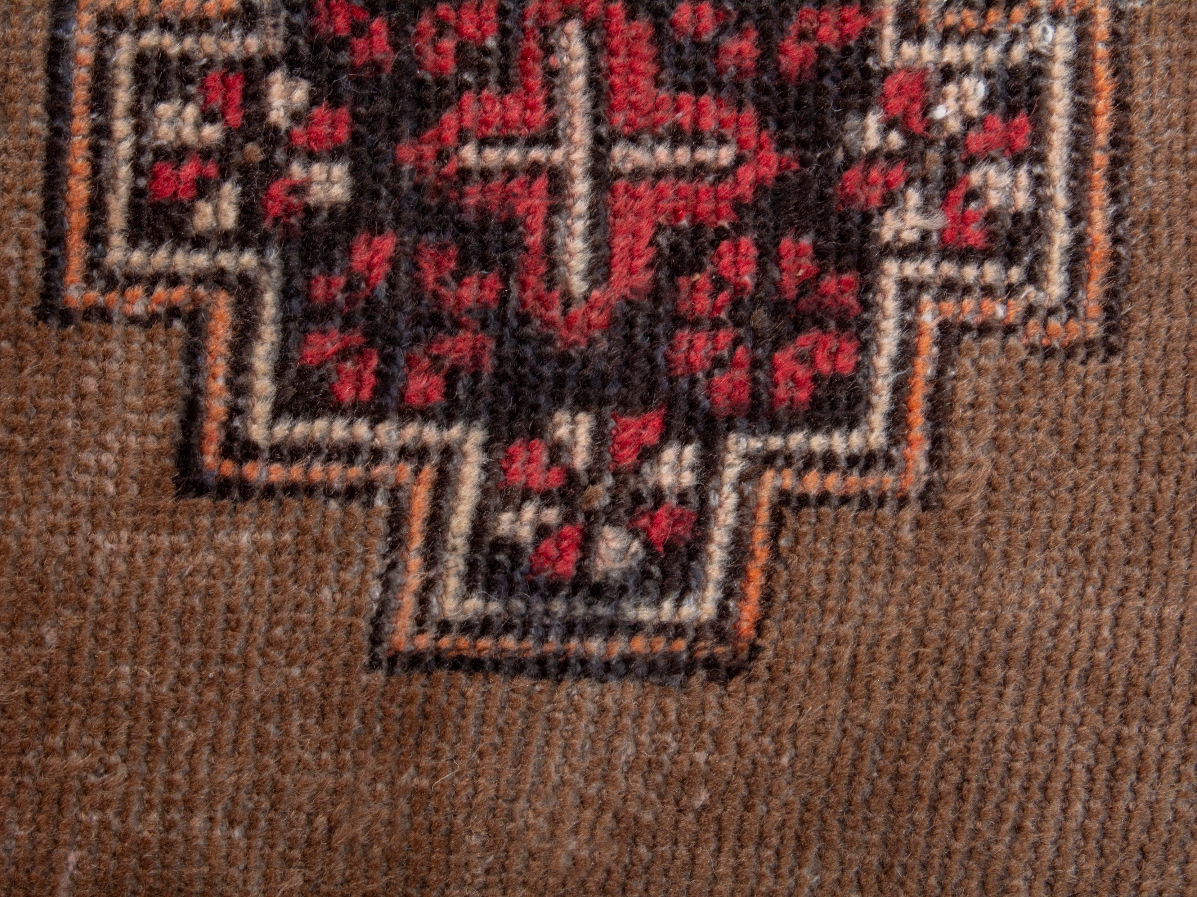 Persian Baluch accent rug in tan and deep red, view 6 of 8