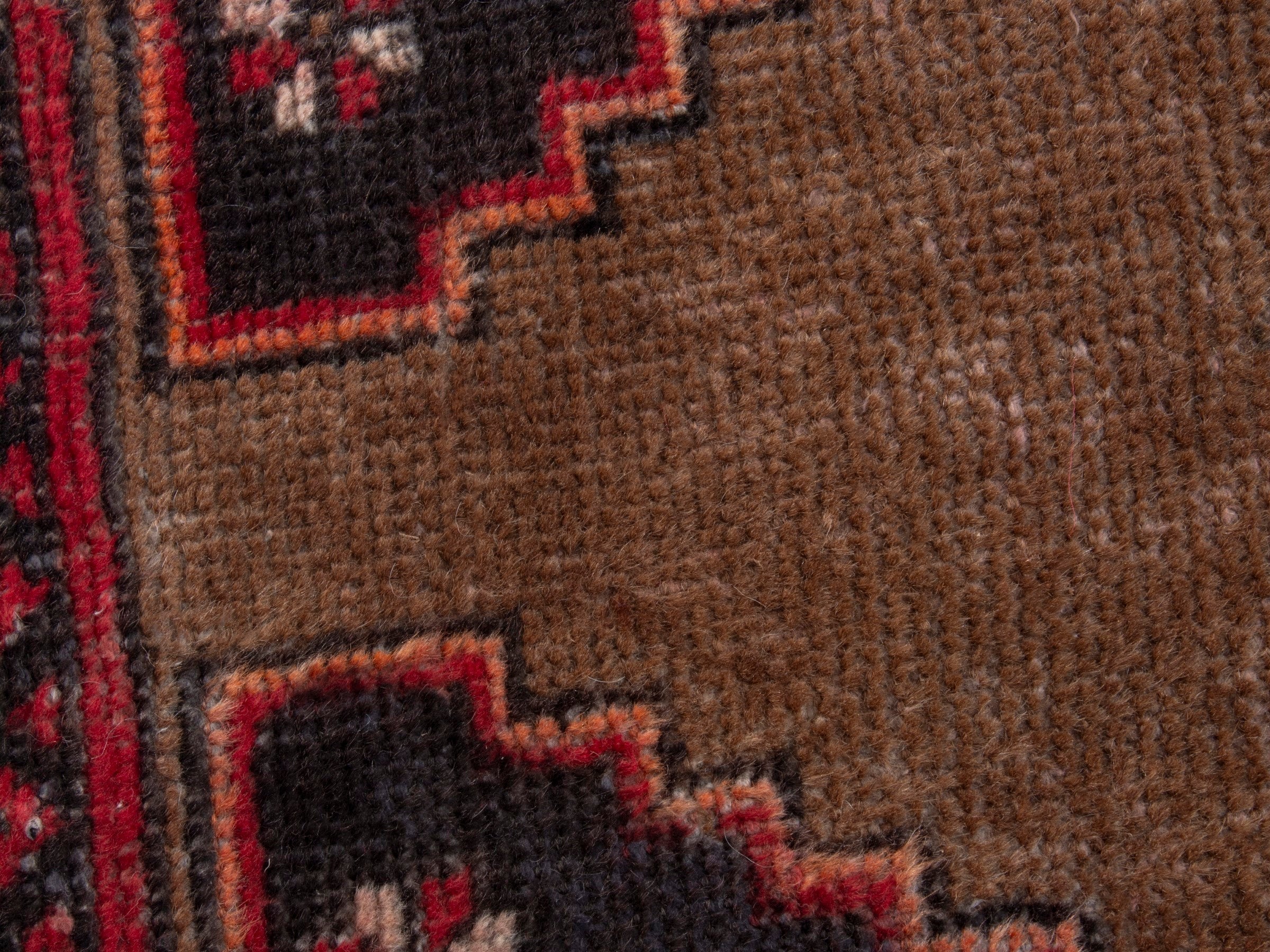 Persian Baluch accent rug in tan and deep red, view 7 of 8