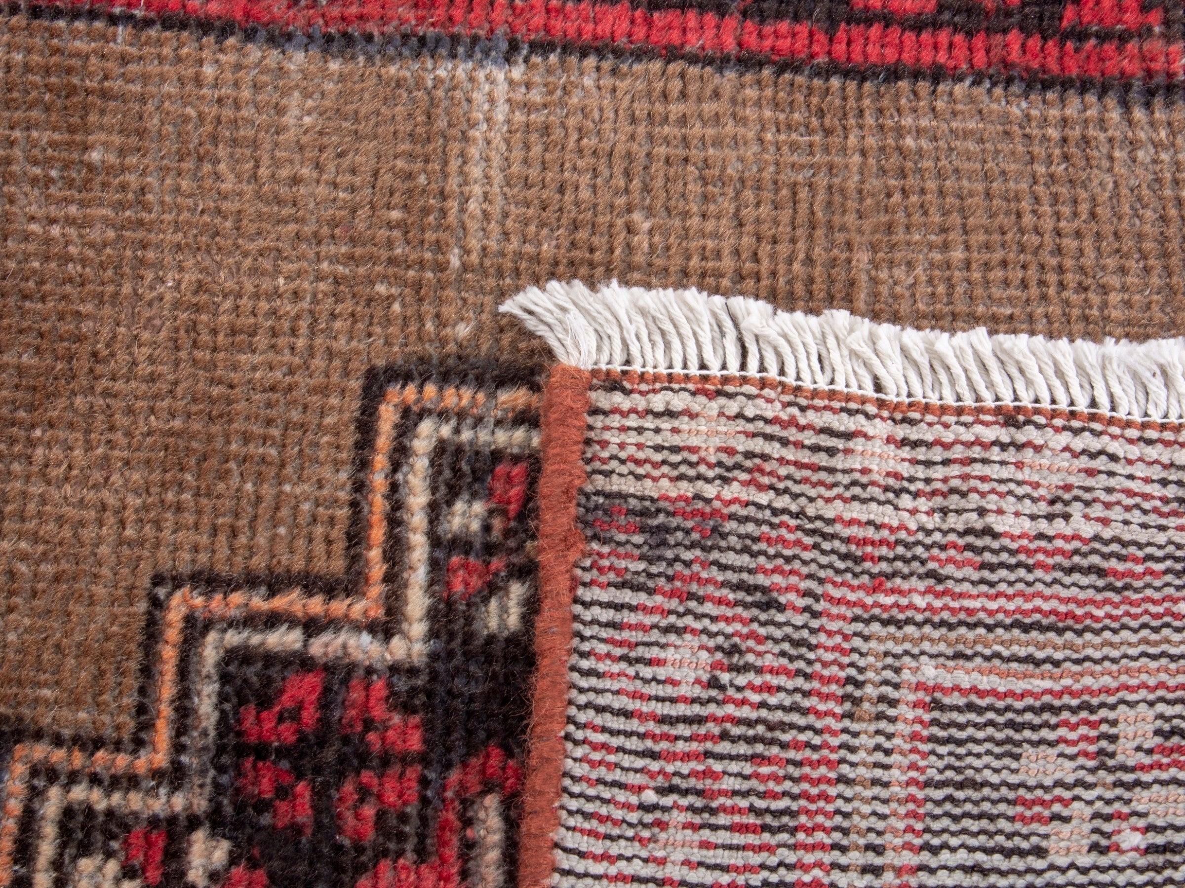 Persian Baluch accent rug in tan and deep red, view 8 of 8