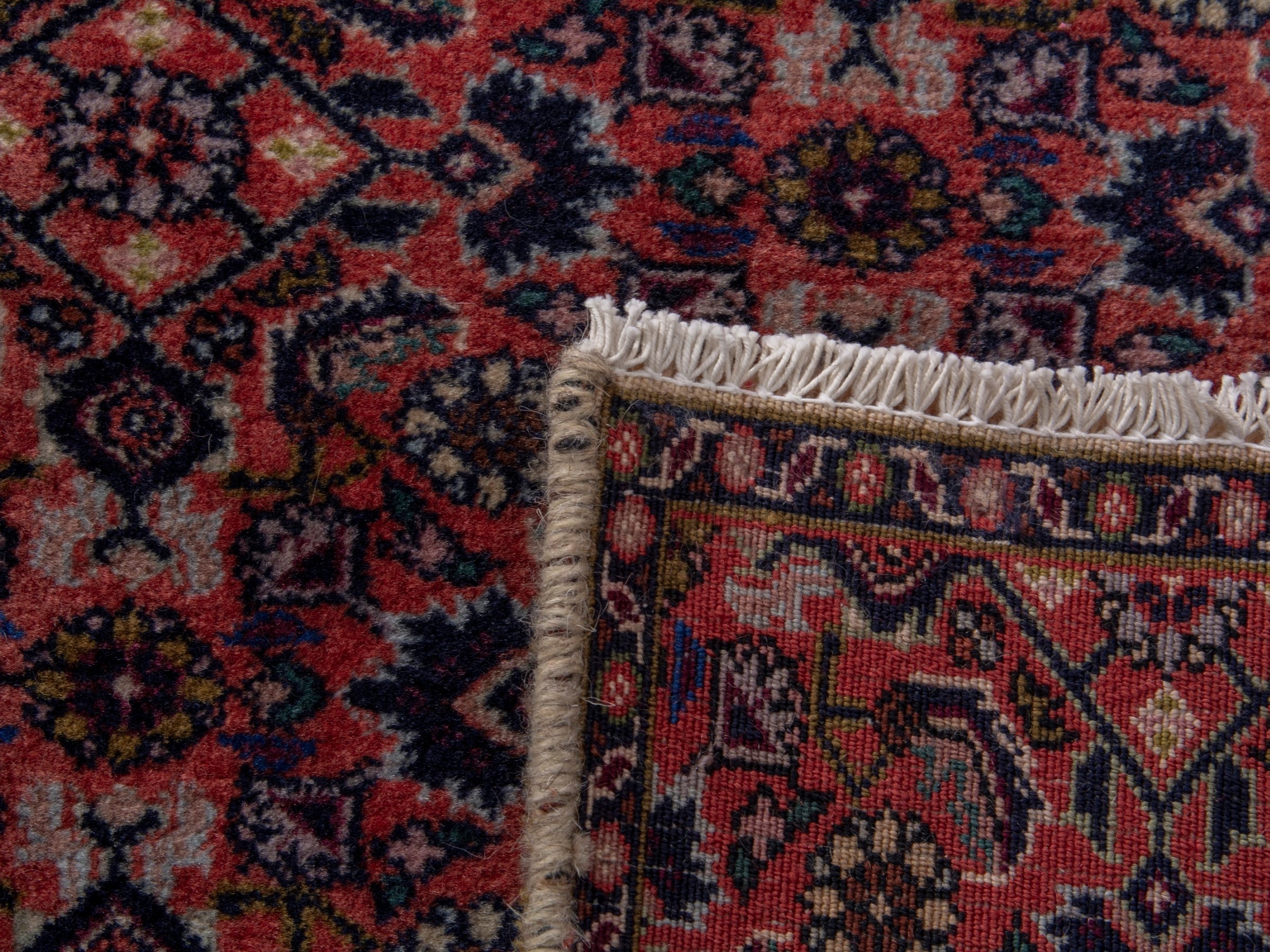 Persian Bijar accent rug in dusty rose and navy, view 8 of 8