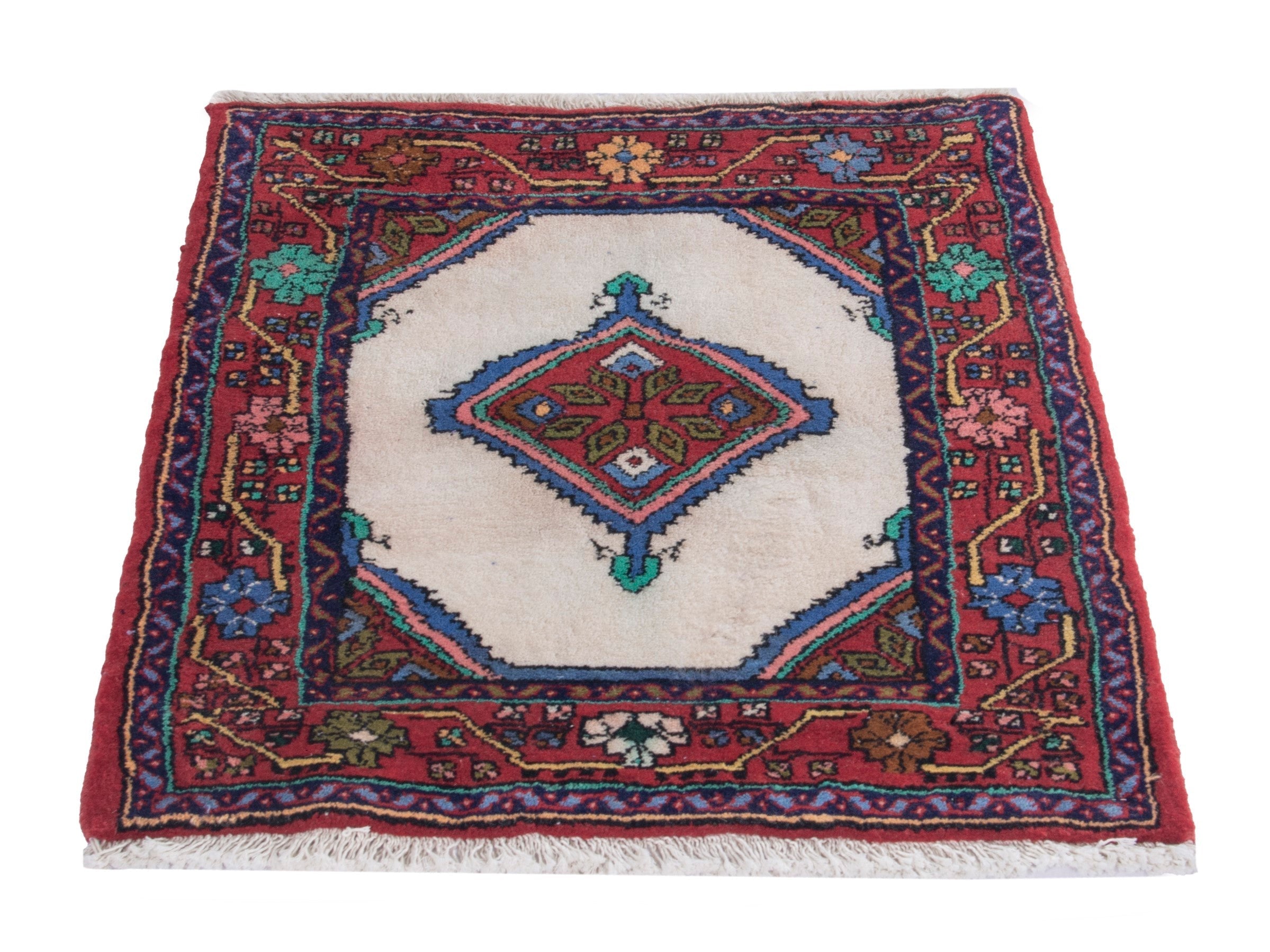 Persian Hamedan accent rug in red and cream, view 2 of 8