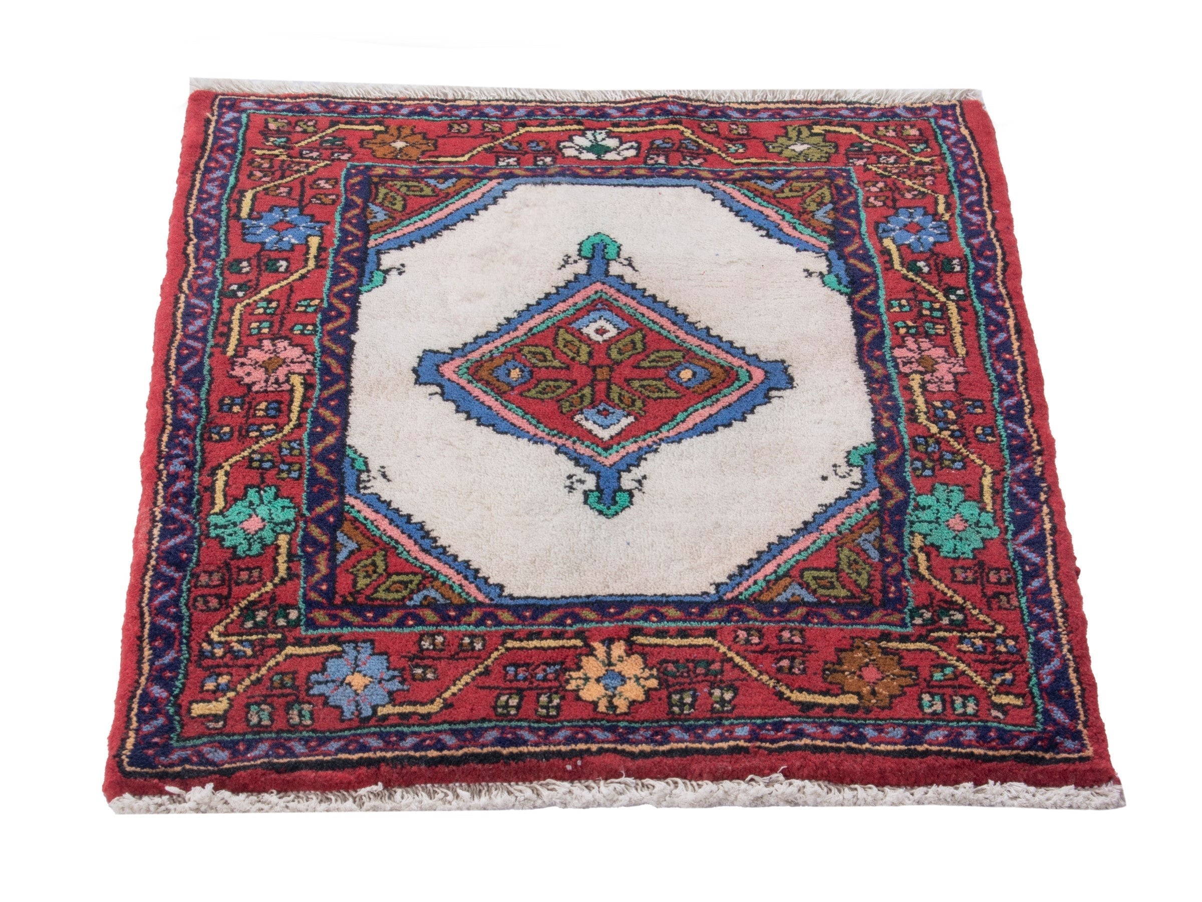 Persian Hamedan accent rug in red and cream, view 3 of 8