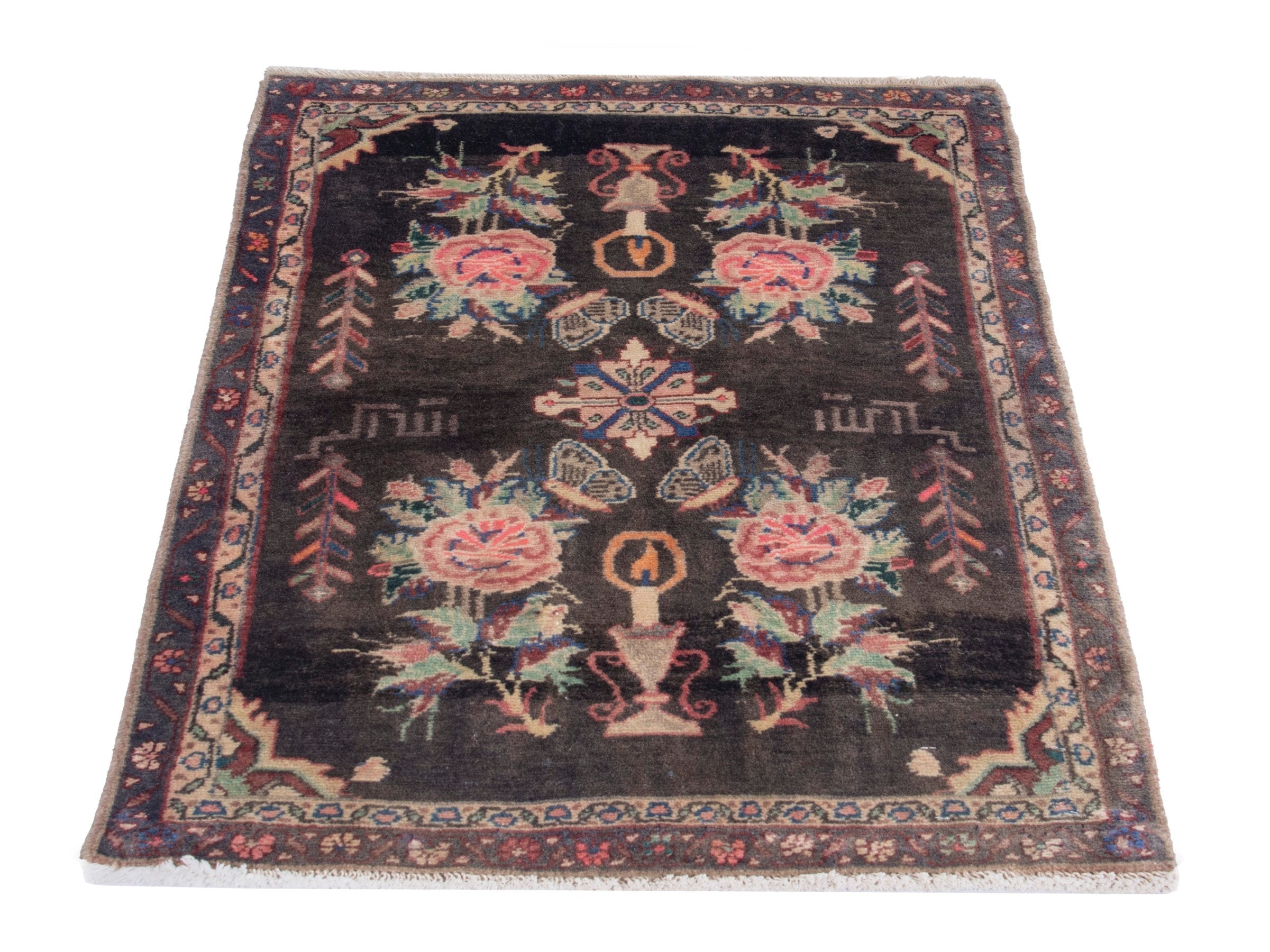 Persian Hamedan accent rug in charcoal and rose, view 2 of 8