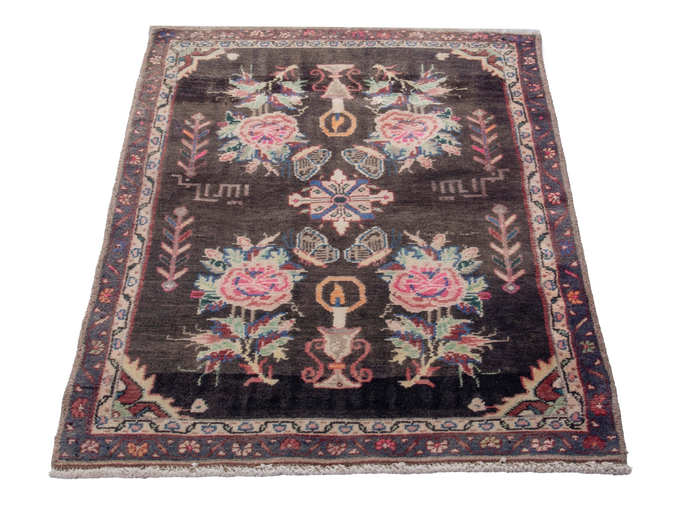 Persian Hamedan accent rug in charcoal and rose, view 3 of 8