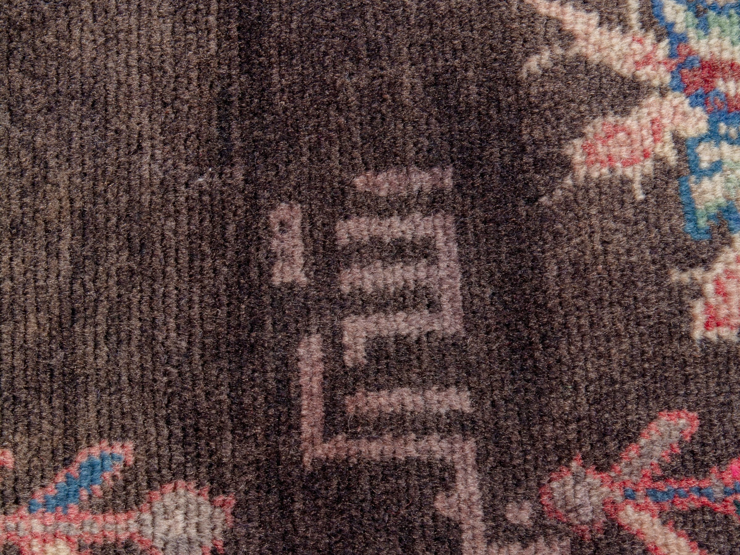 Persian Hamedan accent rug in charcoal and rose, view 7 of 8