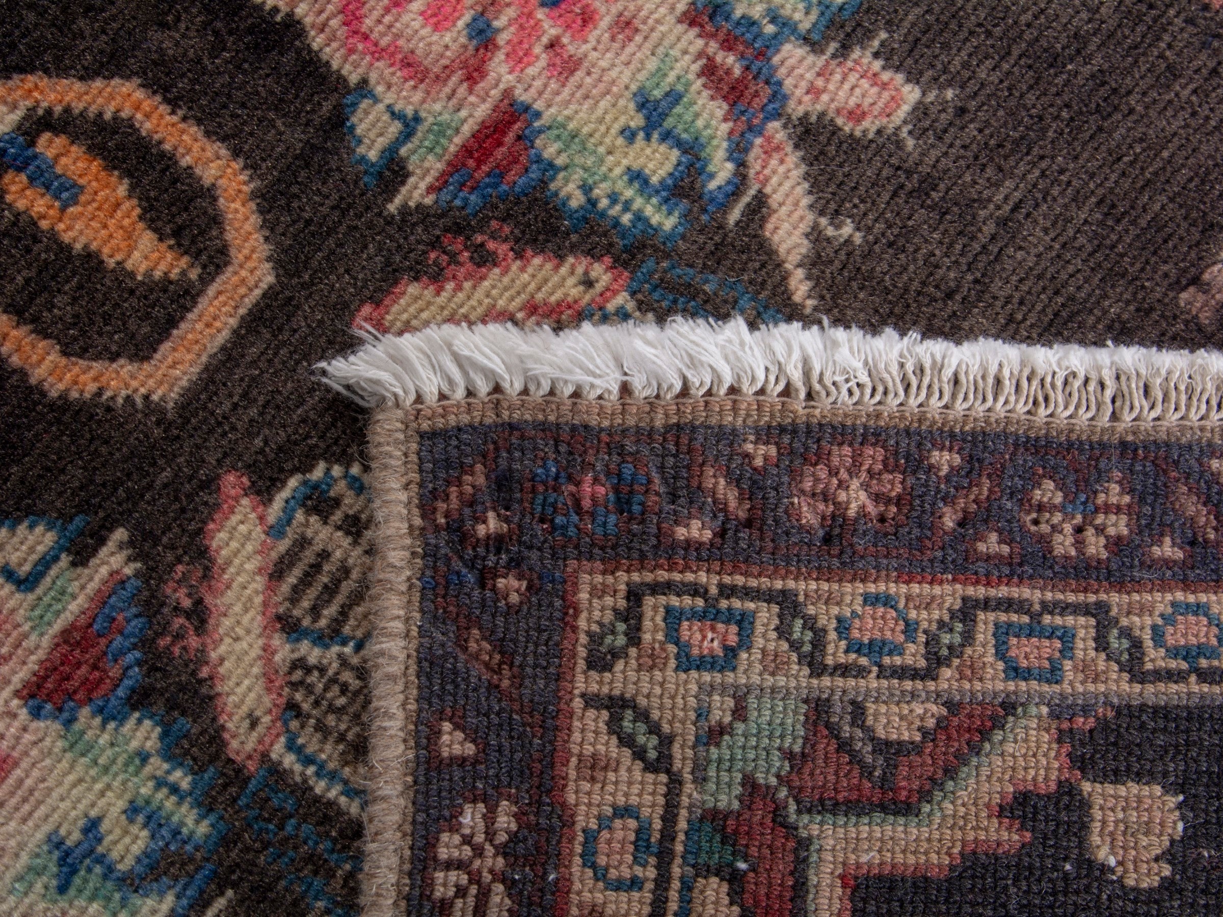 Persian Hamedan accent rug in charcoal and rose, view 8 of 8