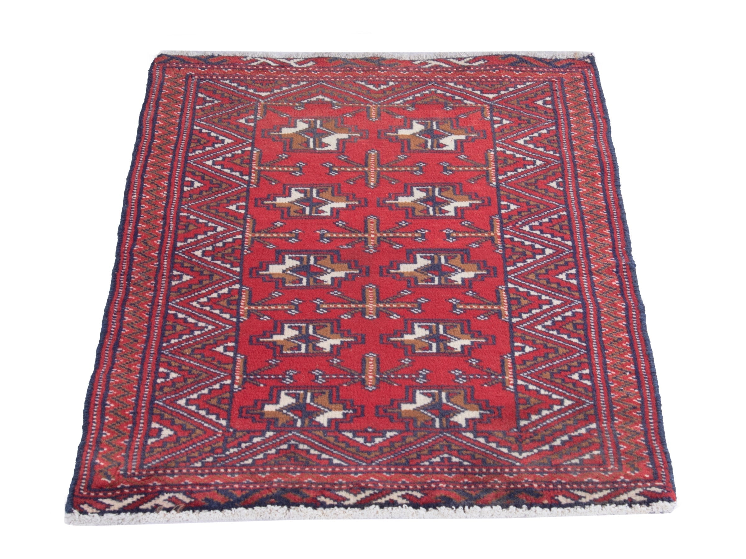Persian Torkaman accent rug in deep red and off-white, view 2 of 8