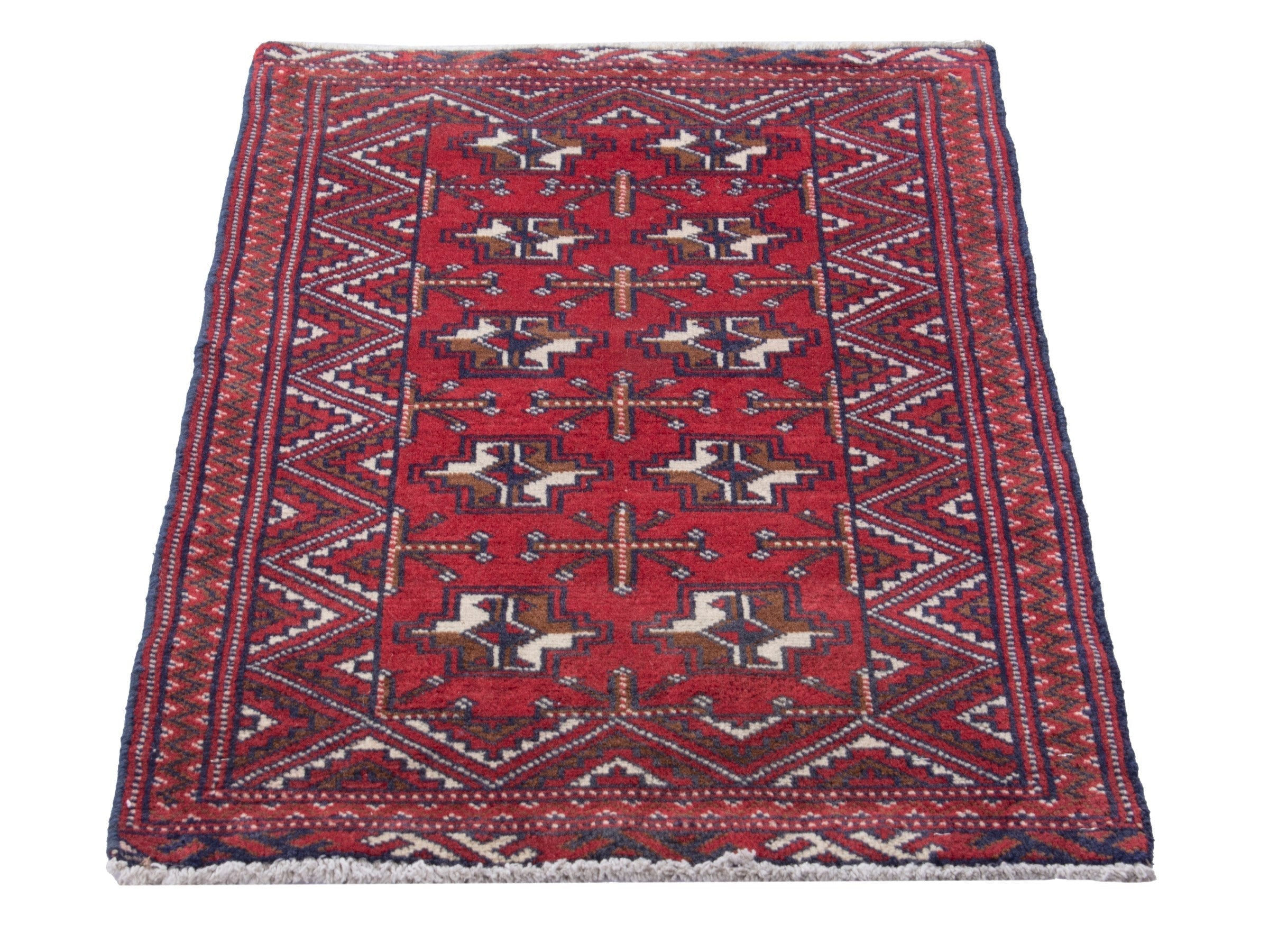 Persian Torkaman accent rug in deep red and off-white, view 3 of 8