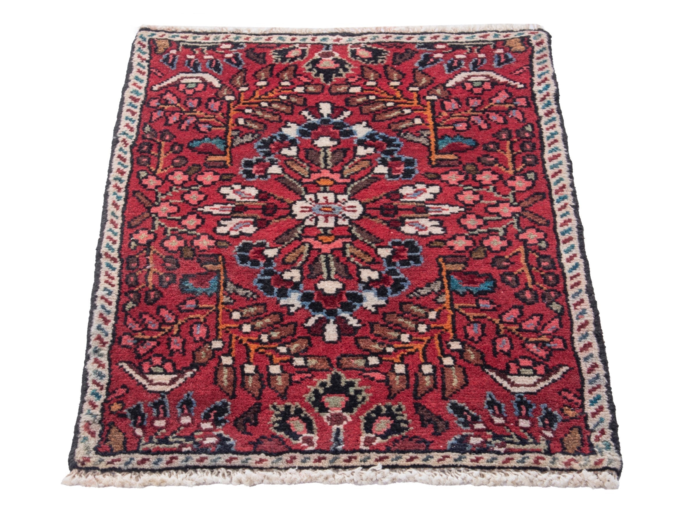Persian Hamedan accent rug in deep red and rose, view 3 of 8
