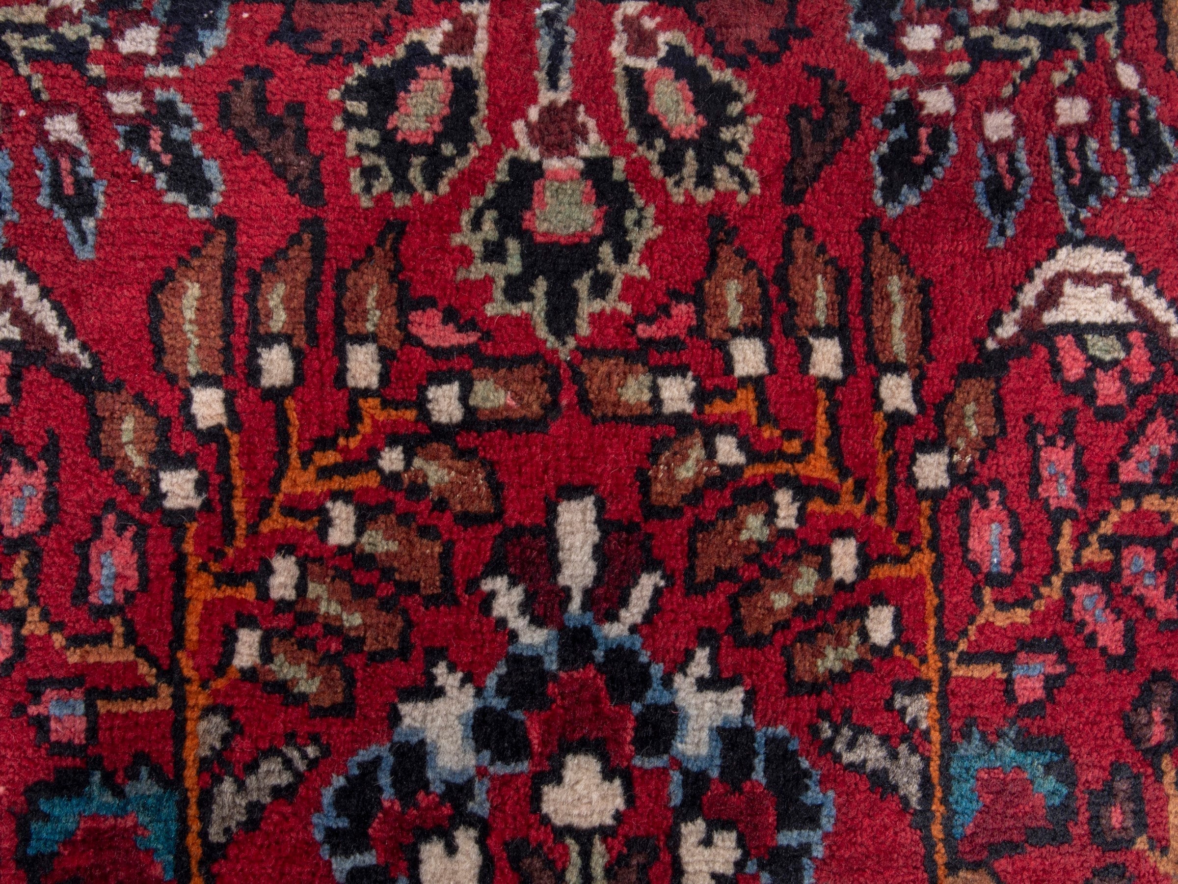 Persian Hamedan accent rug in deep red and rose, view 7 of 8