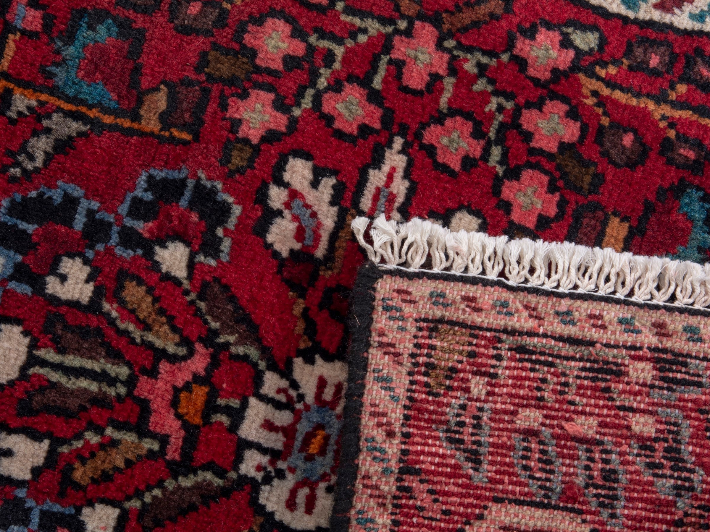Persian Hamedan accent rug in deep red and rose, view 8 of 8