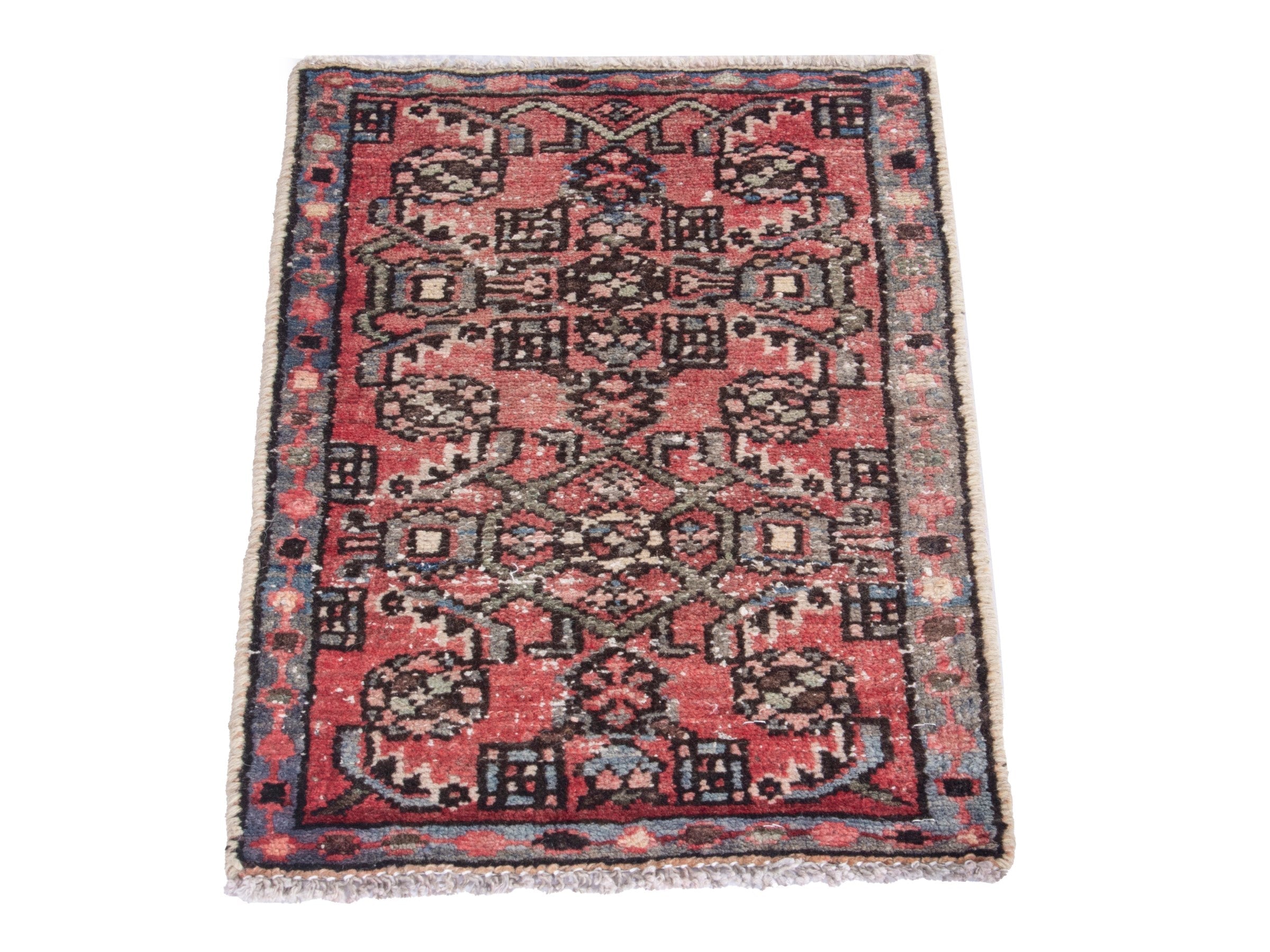 Persian Hamedan accent rug in faded red and navy, view 2 of 7