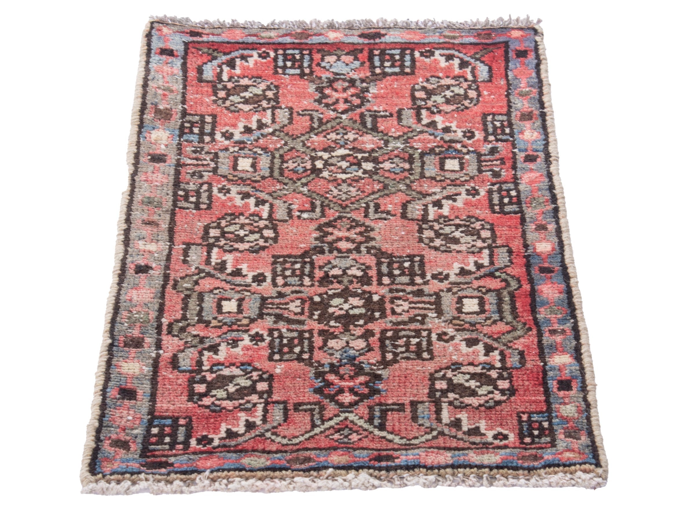 Persian Hamedan accent rug in faded red and navy, view 3 of 7