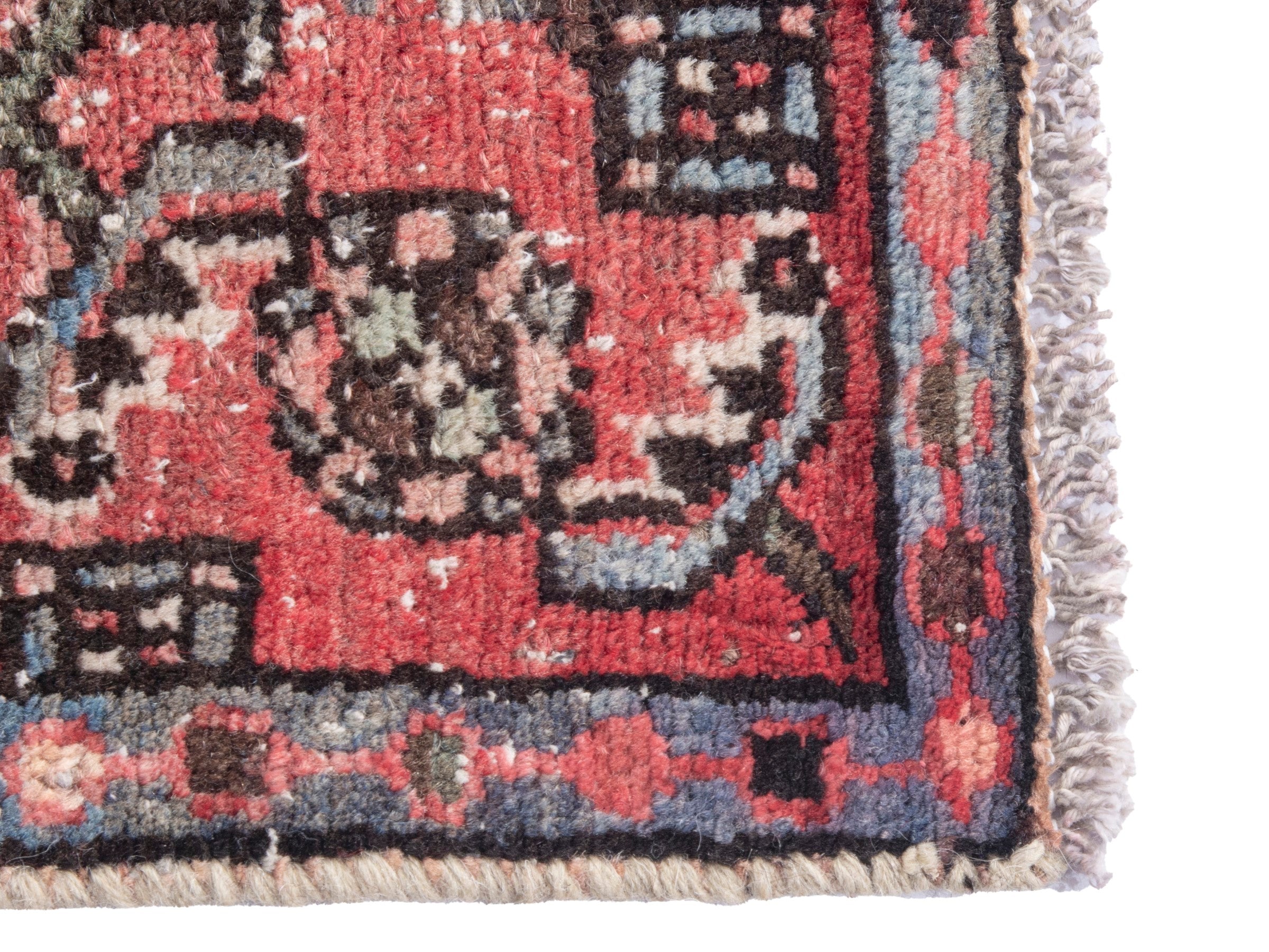 Persian Hamedan accent rug in faded red and navy, view 4 of 7