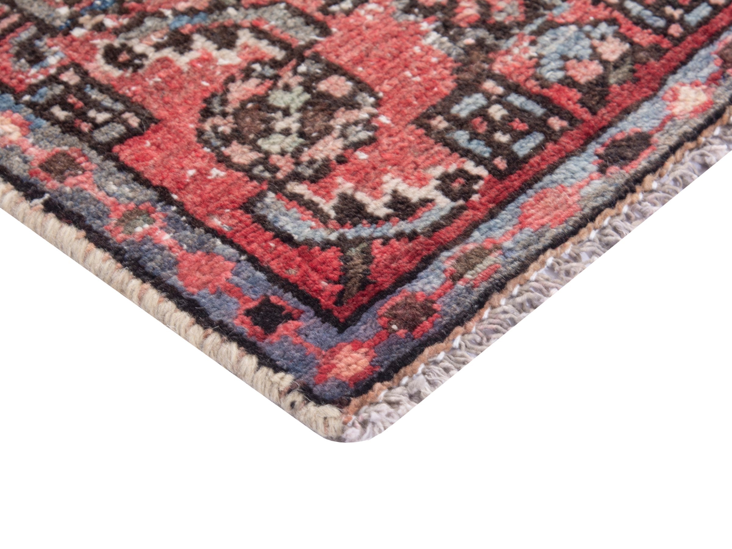 Persian Hamedan accent rug in faded red and navy, view 5 of 7