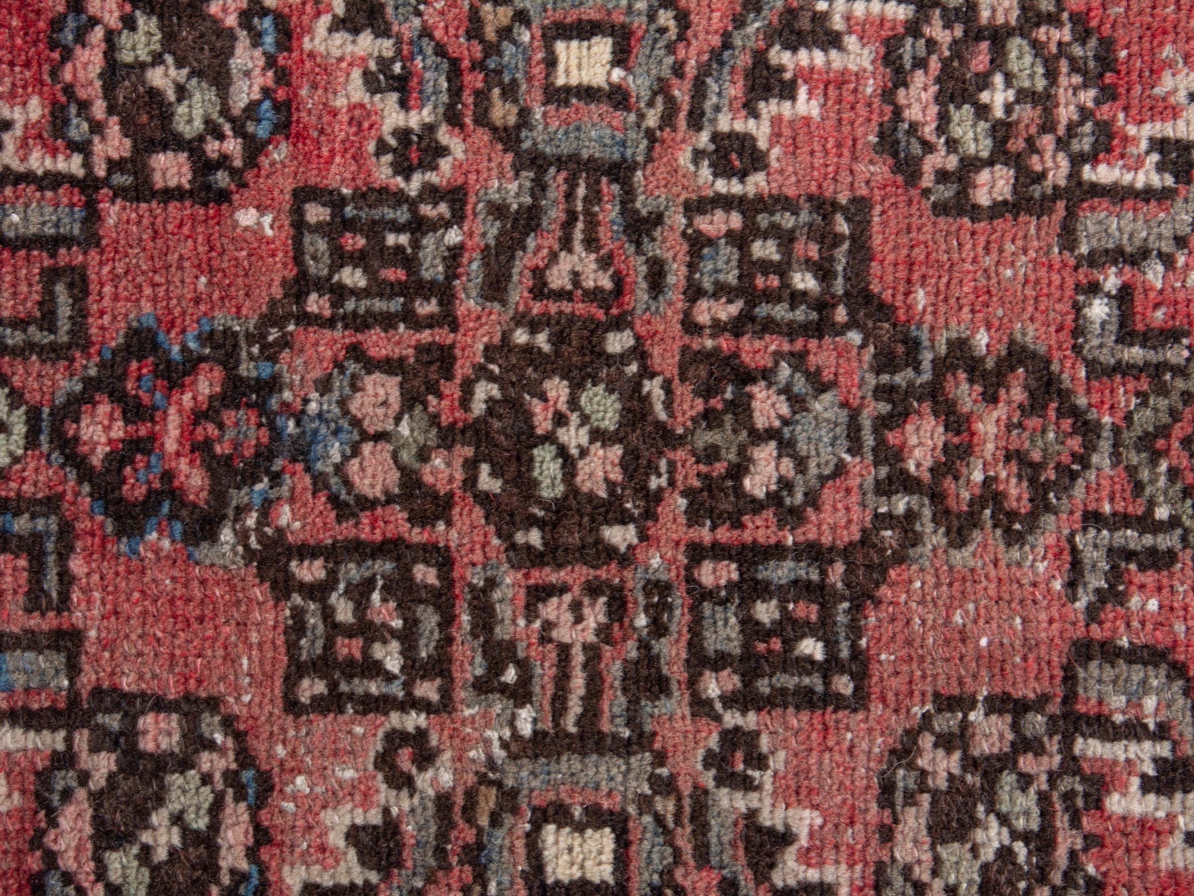 Persian Hamedan accent rug in faded red and navy, view 6 of 7