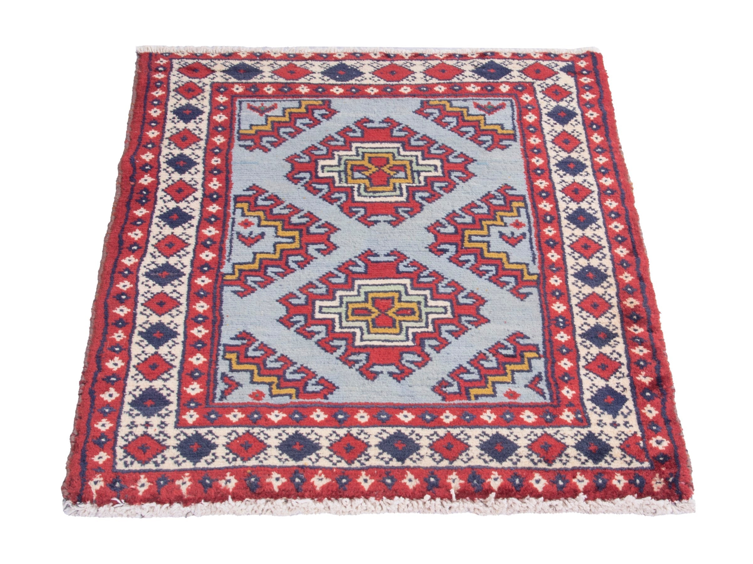 Persian Torkaman accent rug in deep red and powder blue, view 2 of 7