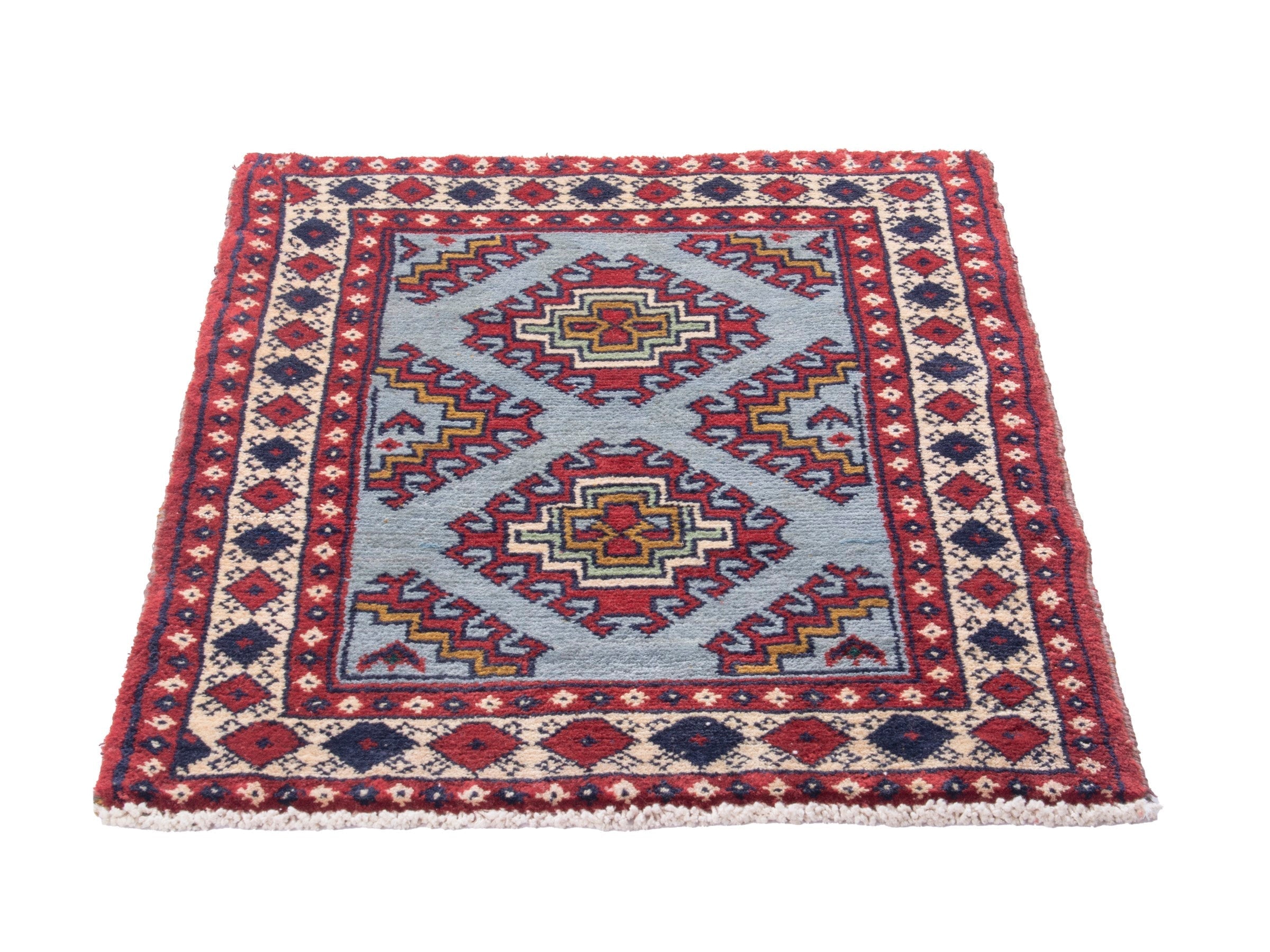Persian Torkaman accent rug in deep red and powder blue, view 3 of 7