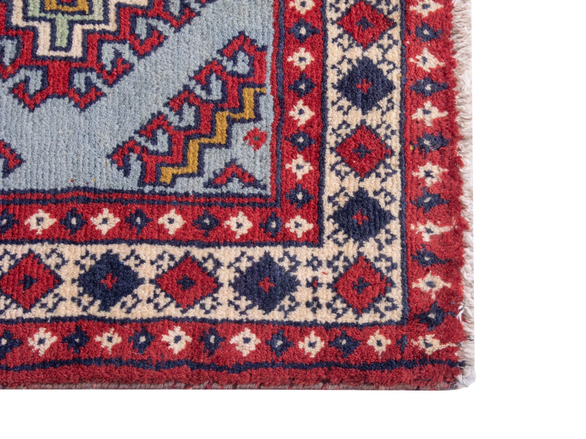Persian Torkaman accent rug in deep red and powder blue, view 4 of 7