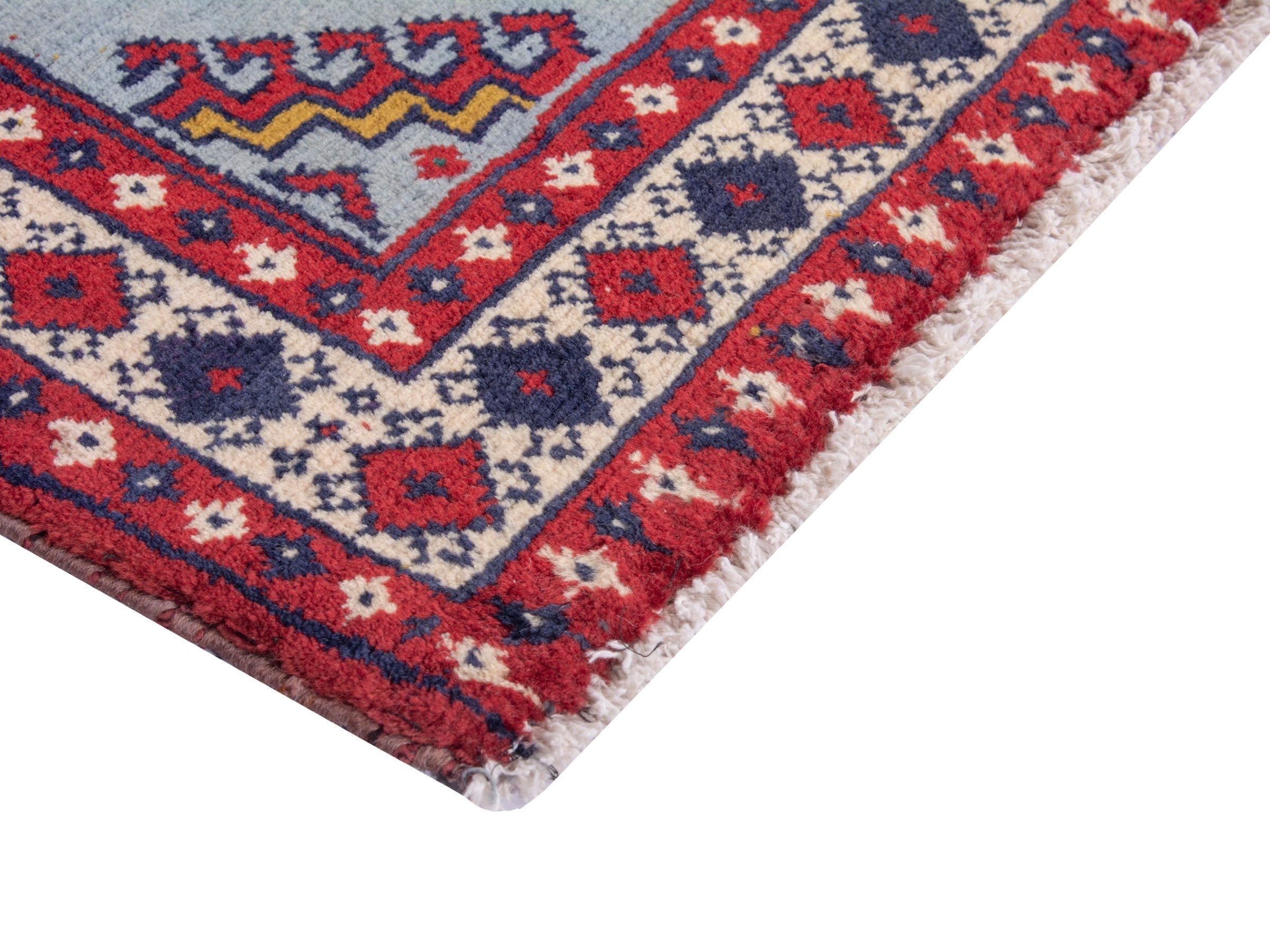 Persian Torkaman accent rug in deep red and powder blue, view 5 of 7