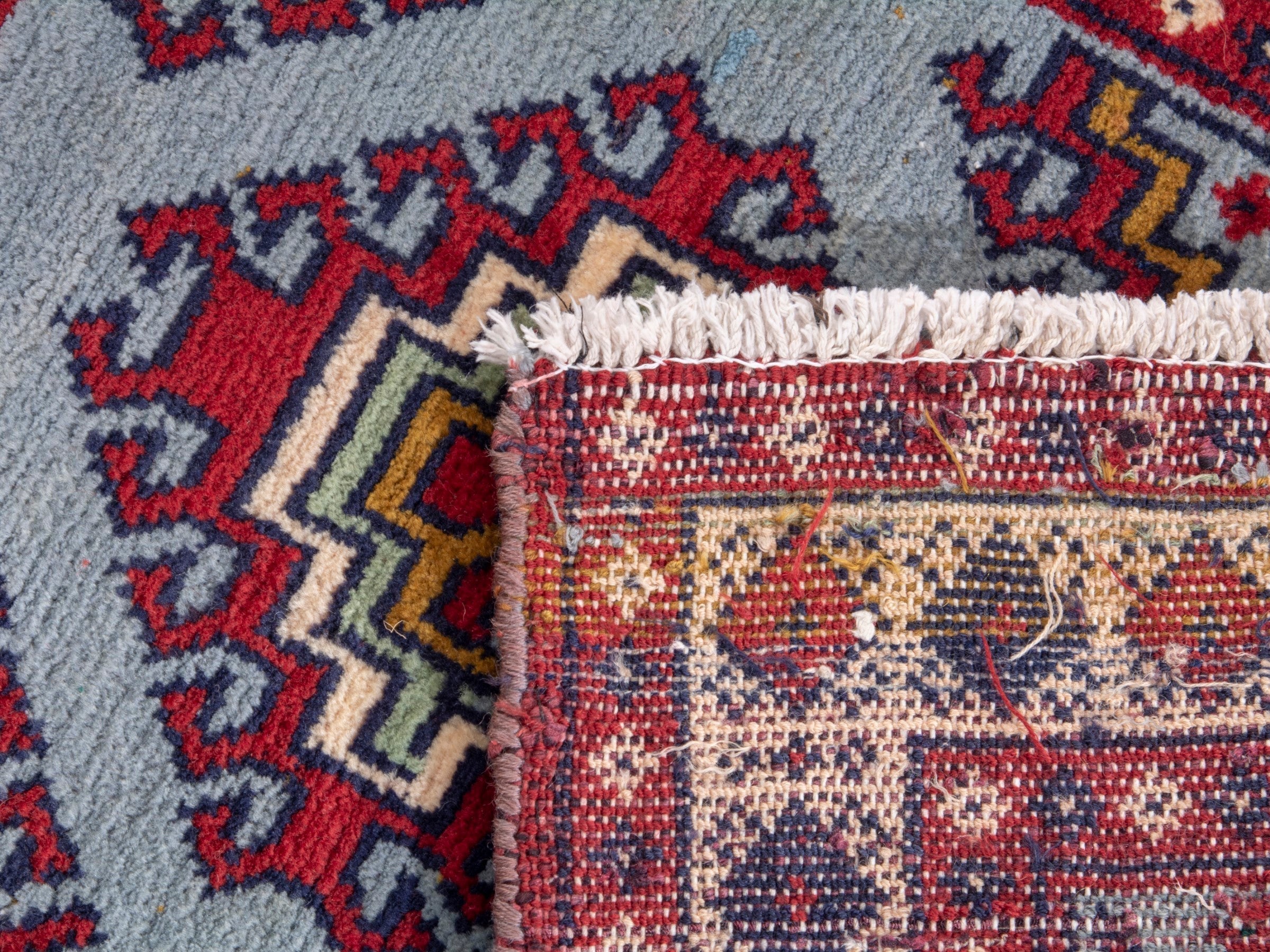 Persian Torkaman accent rug in deep red and powder blue, view 7 of 7