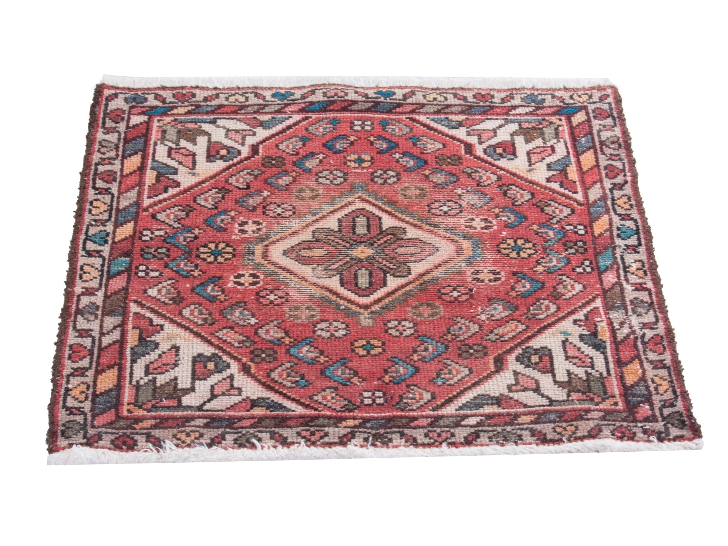 Persian Hamedan accent rug in faded red and muted pink, view 2 of 7