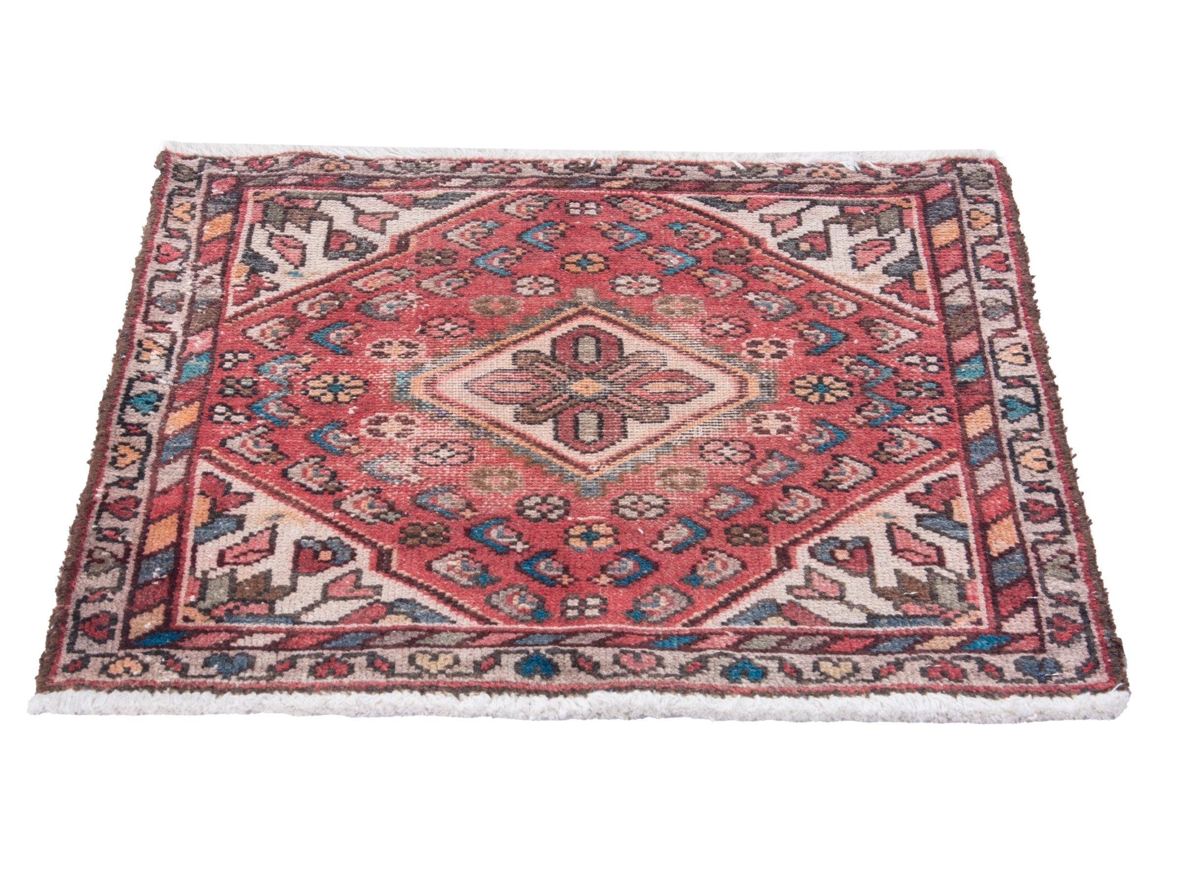Persian Hamedan accent rug in faded red and muted pink, view 3 of 7