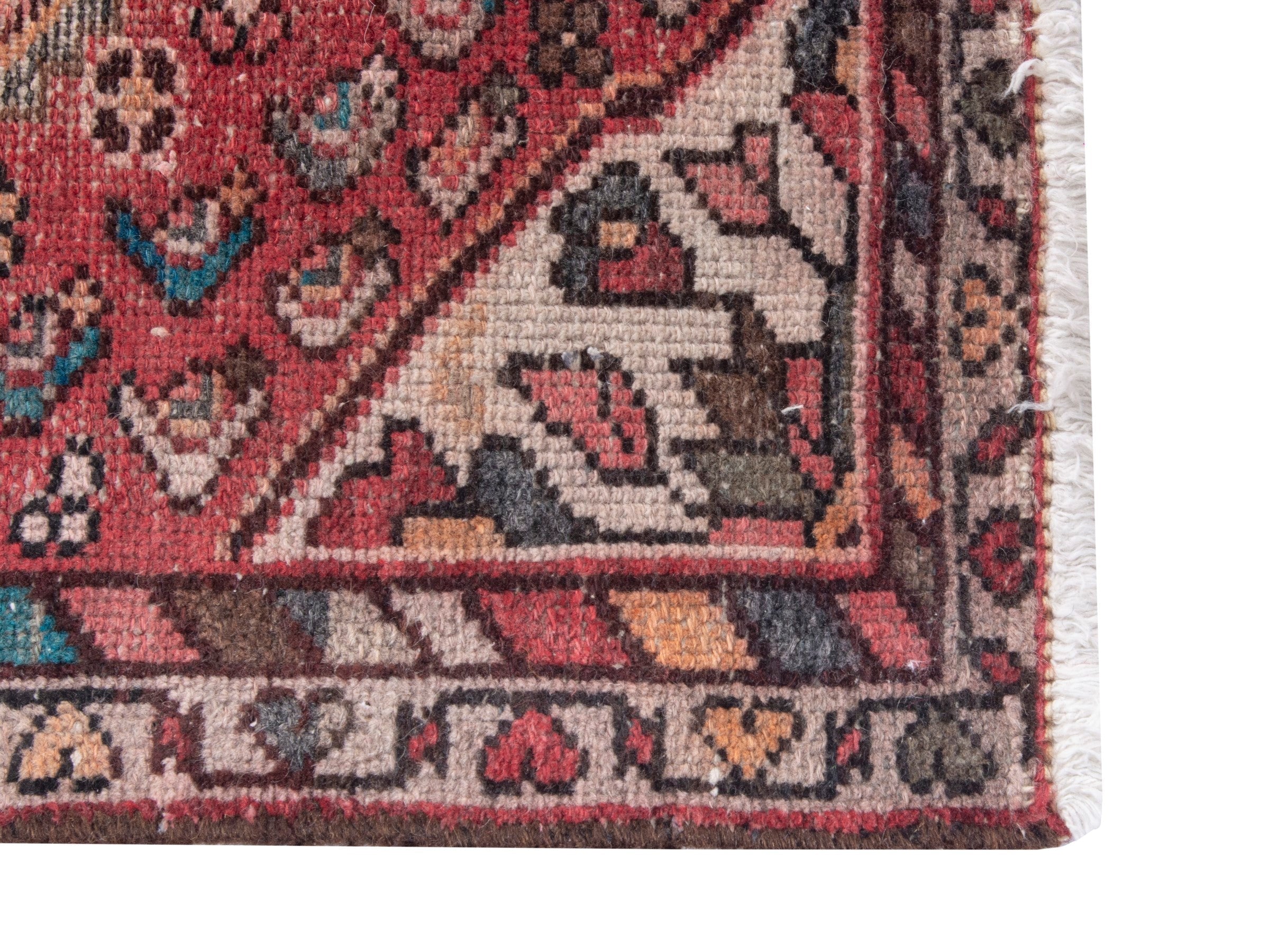 Persian Hamedan accent rug in faded red and muted pink, view 4 of 7