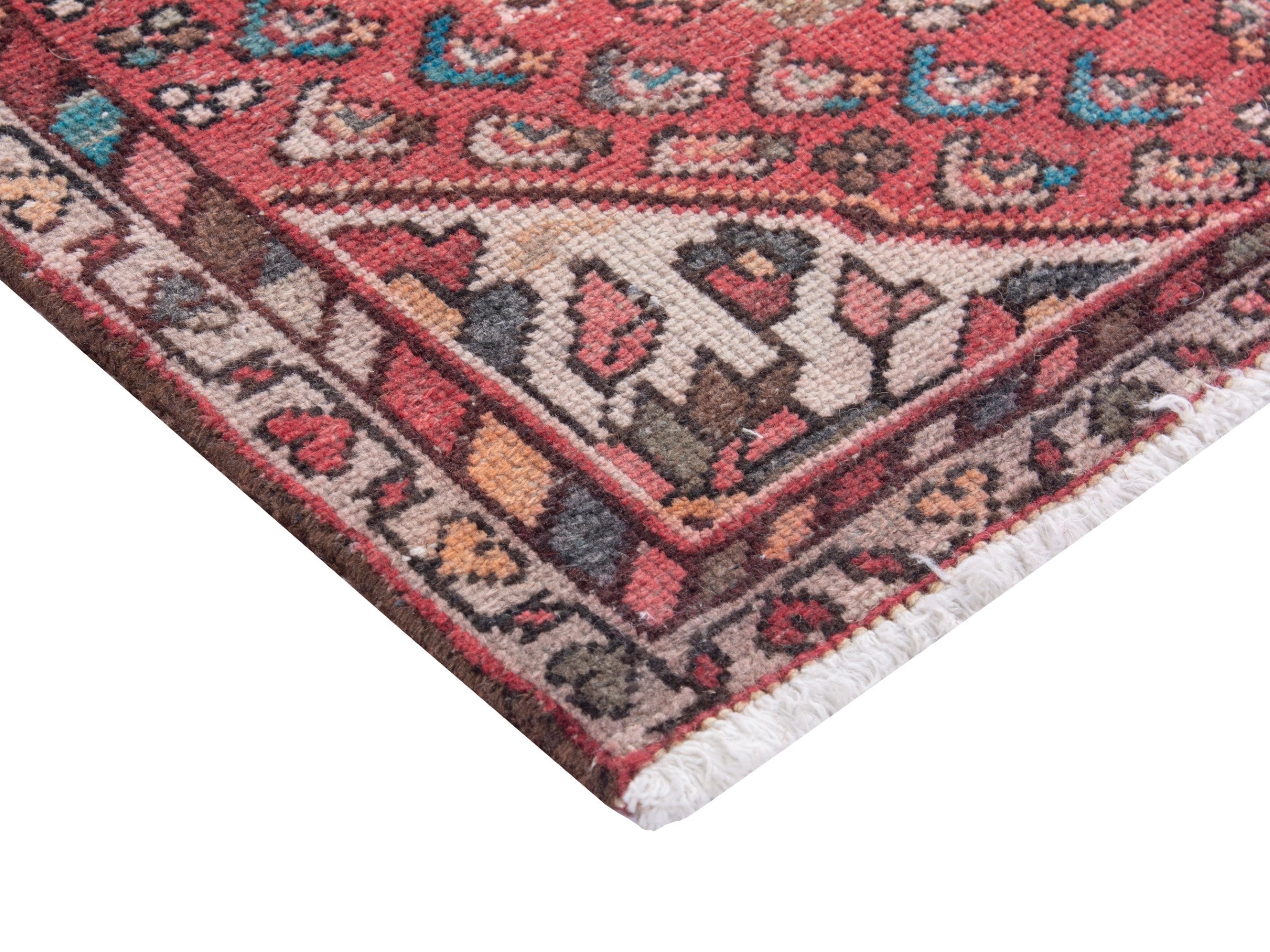 Persian Hamedan accent rug in faded red and muted pink, view 5 of 7
