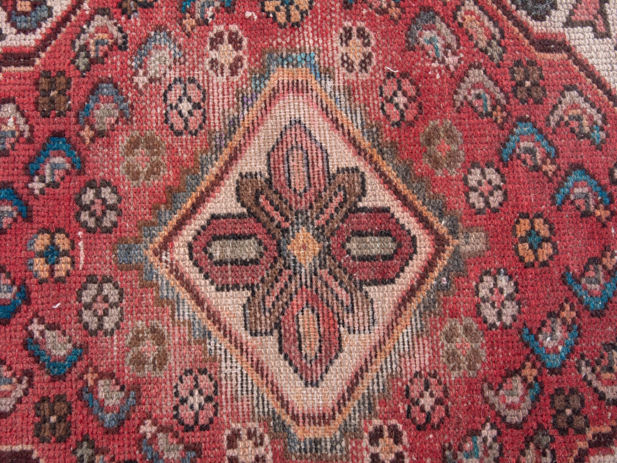 Persian Hamedan accent rug in faded red and muted pink, view 6 of 7