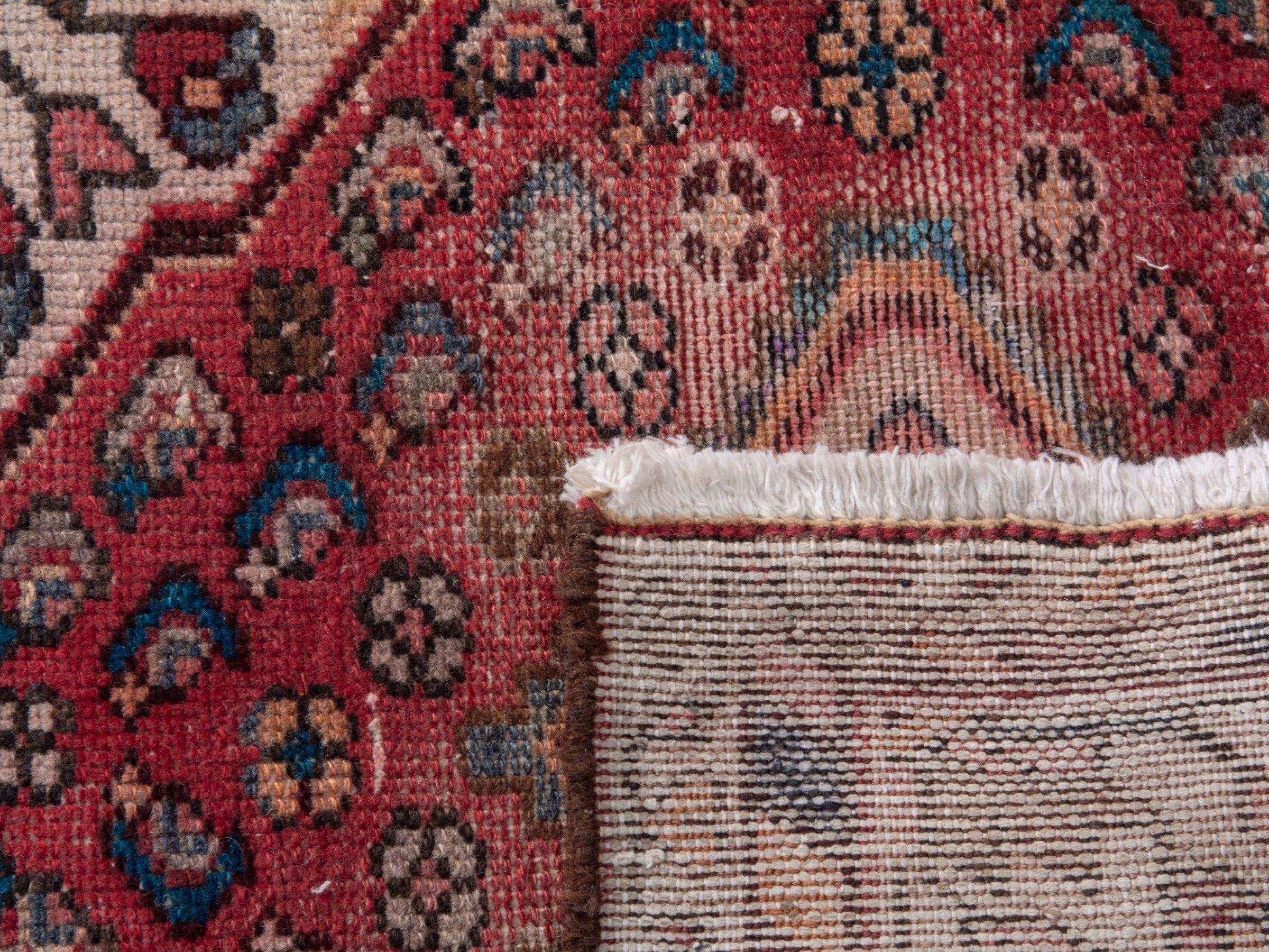 Persian Hamedan accent rug in faded red and muted pink, view 7 of 7