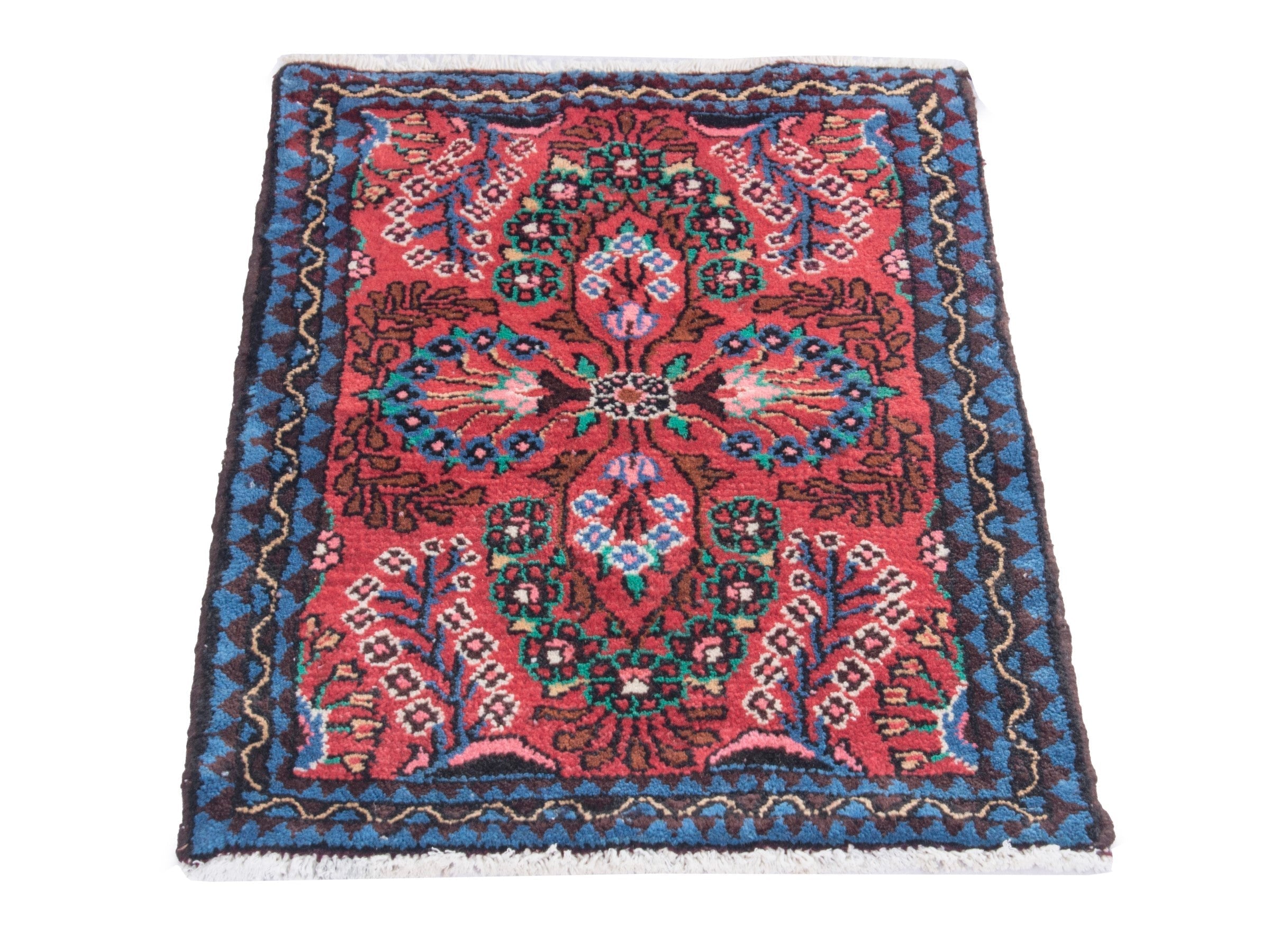 Persian Hamedan accent rug in deep red and dark blue, view 2 of 6