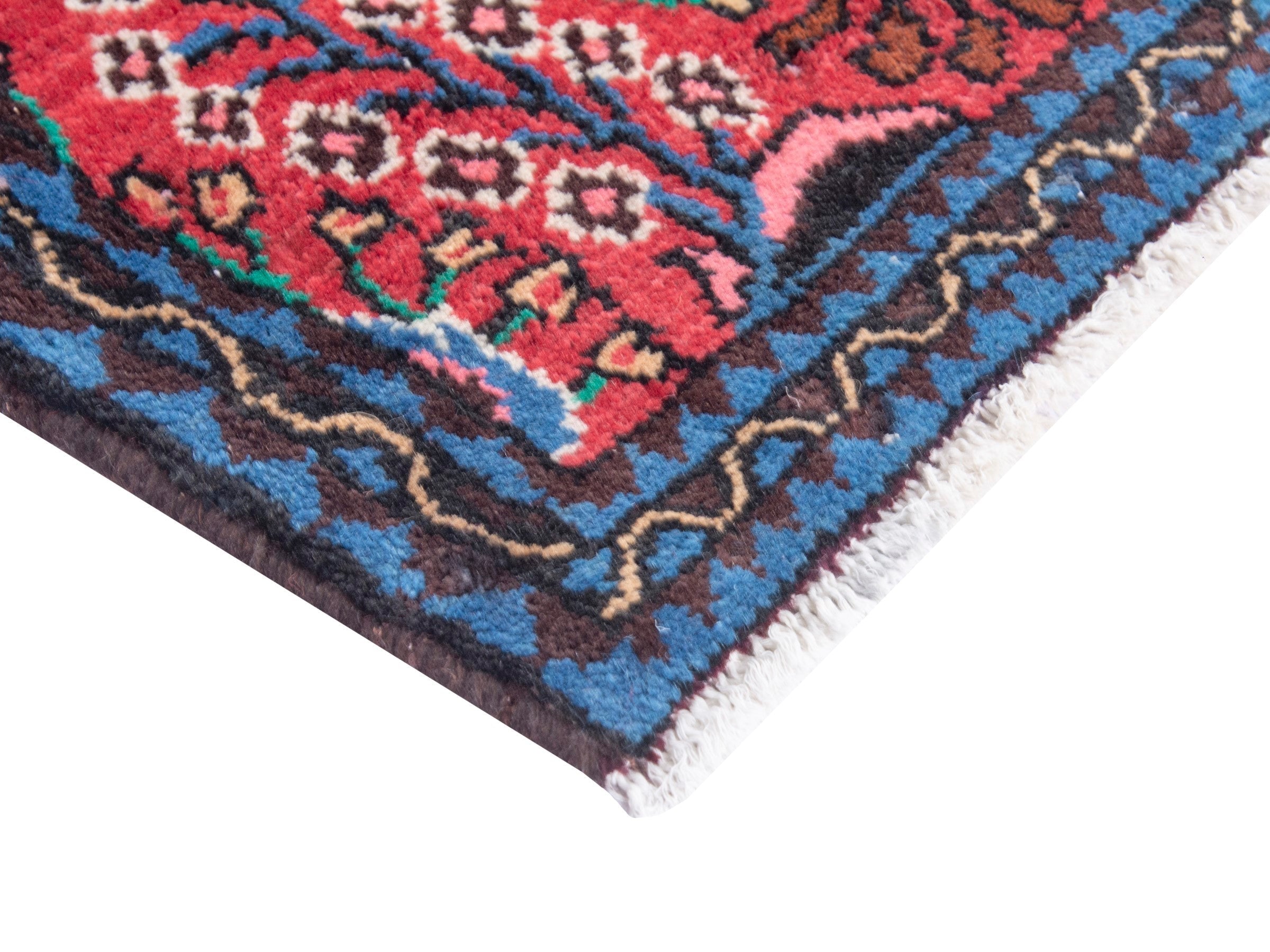 Persian Hamedan accent rug in deep red and dark blue, view 4 of 6
