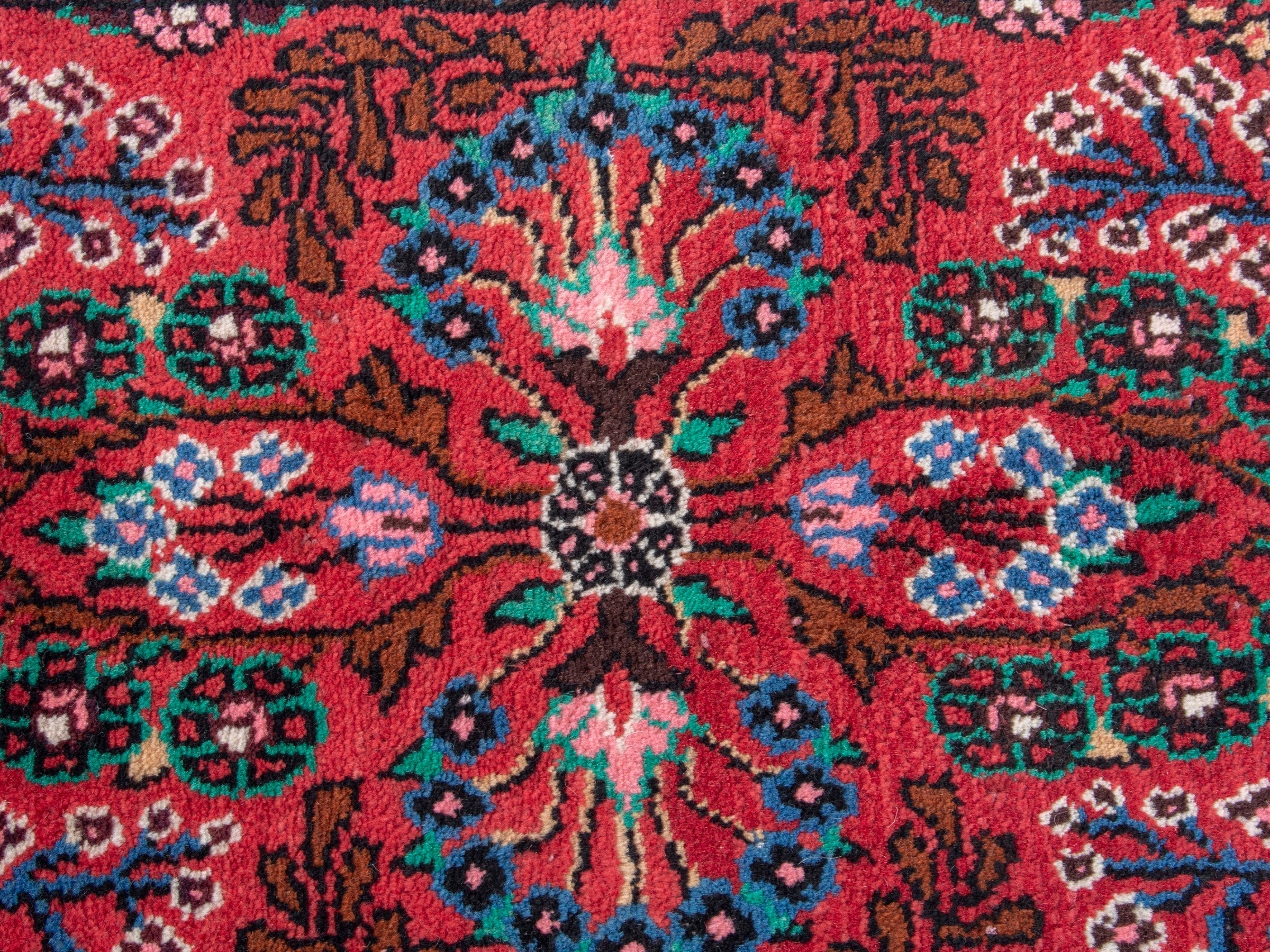 Persian Hamedan accent rug in deep red and dark blue, view 5 of 6