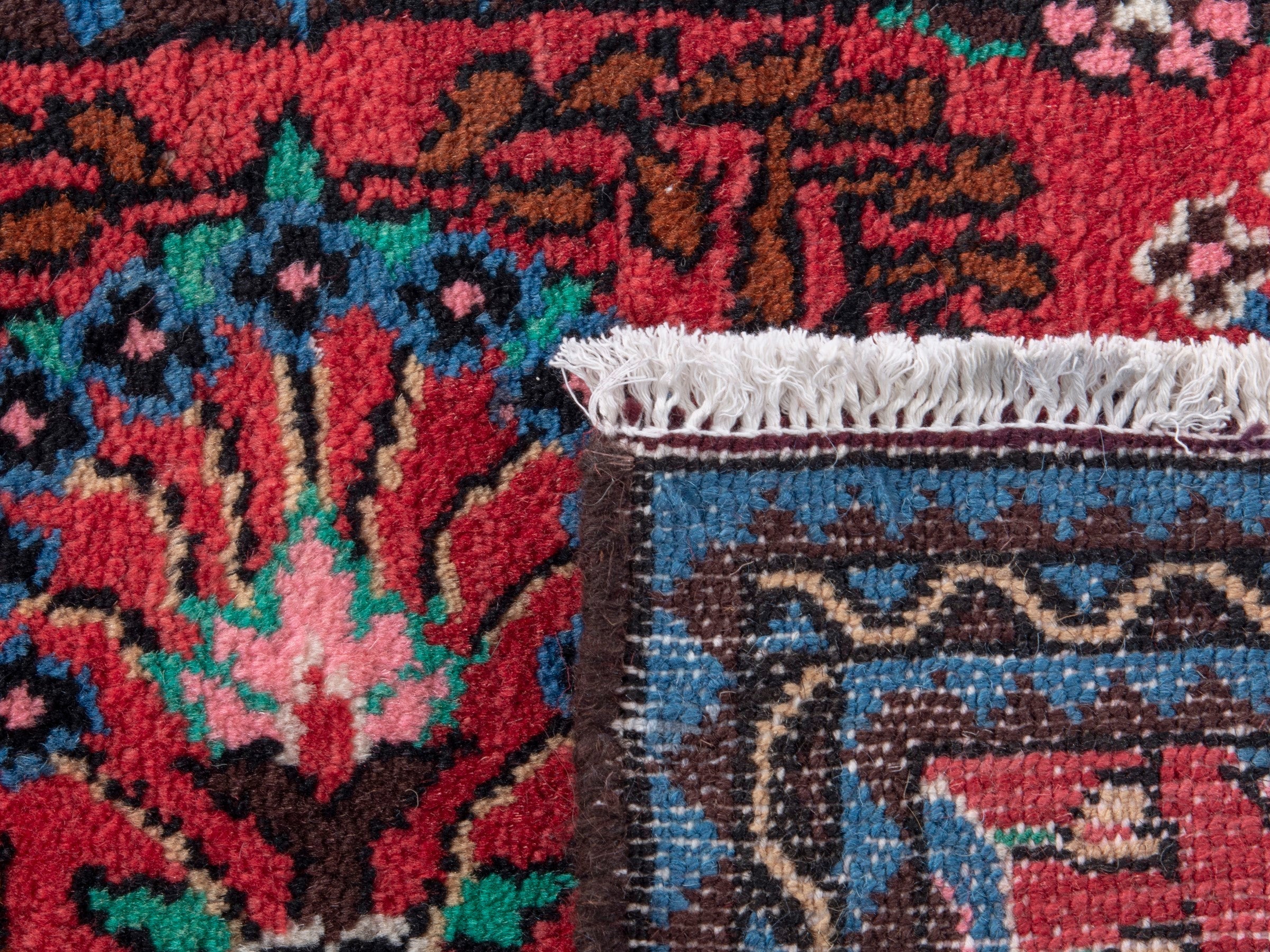 Persian Hamedan accent rug in deep red and dark blue, view 6 of 6