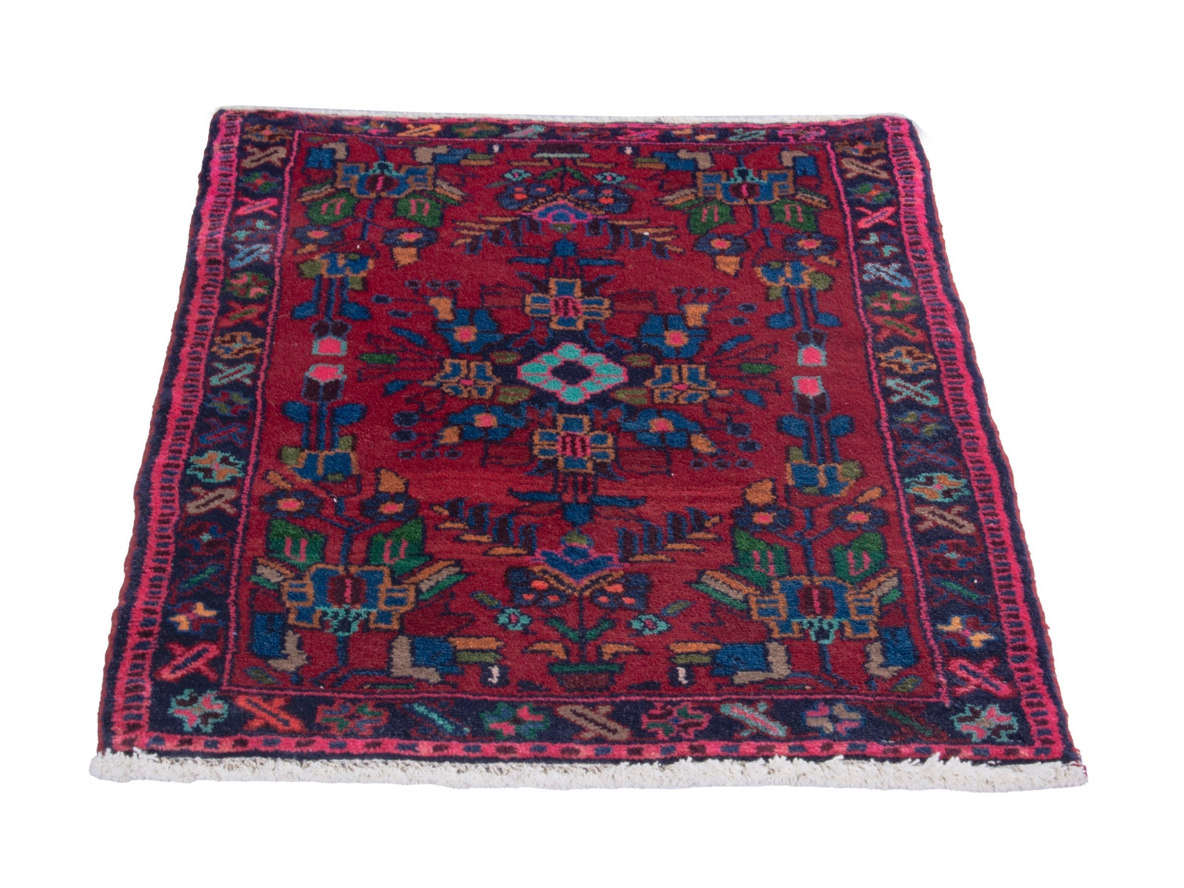 Persian Hamedan accent rug in deep red and dark blue, view 2 of 8