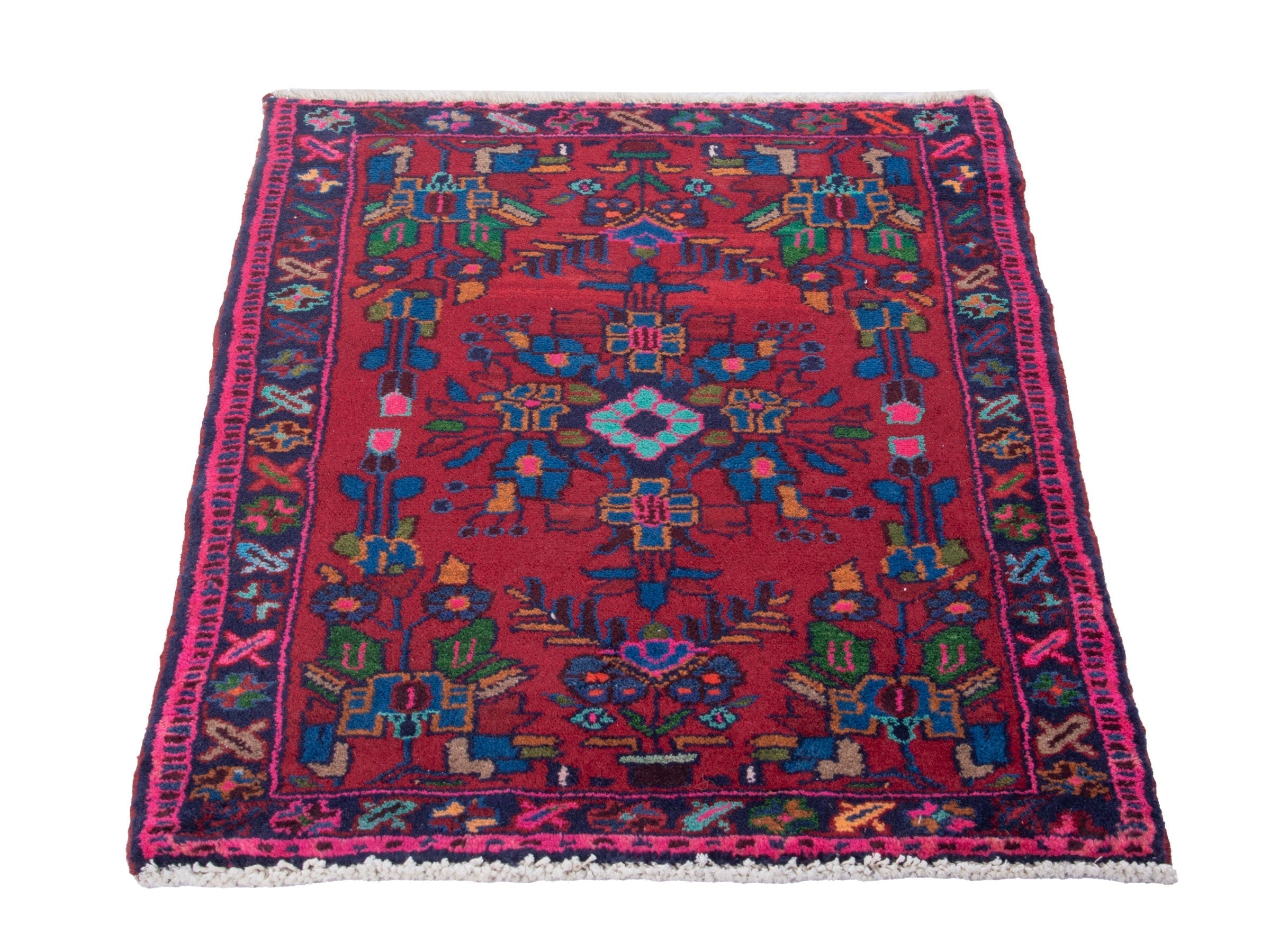 Persian Hamedan accent rug in deep red and dark blue, view 3 of 8