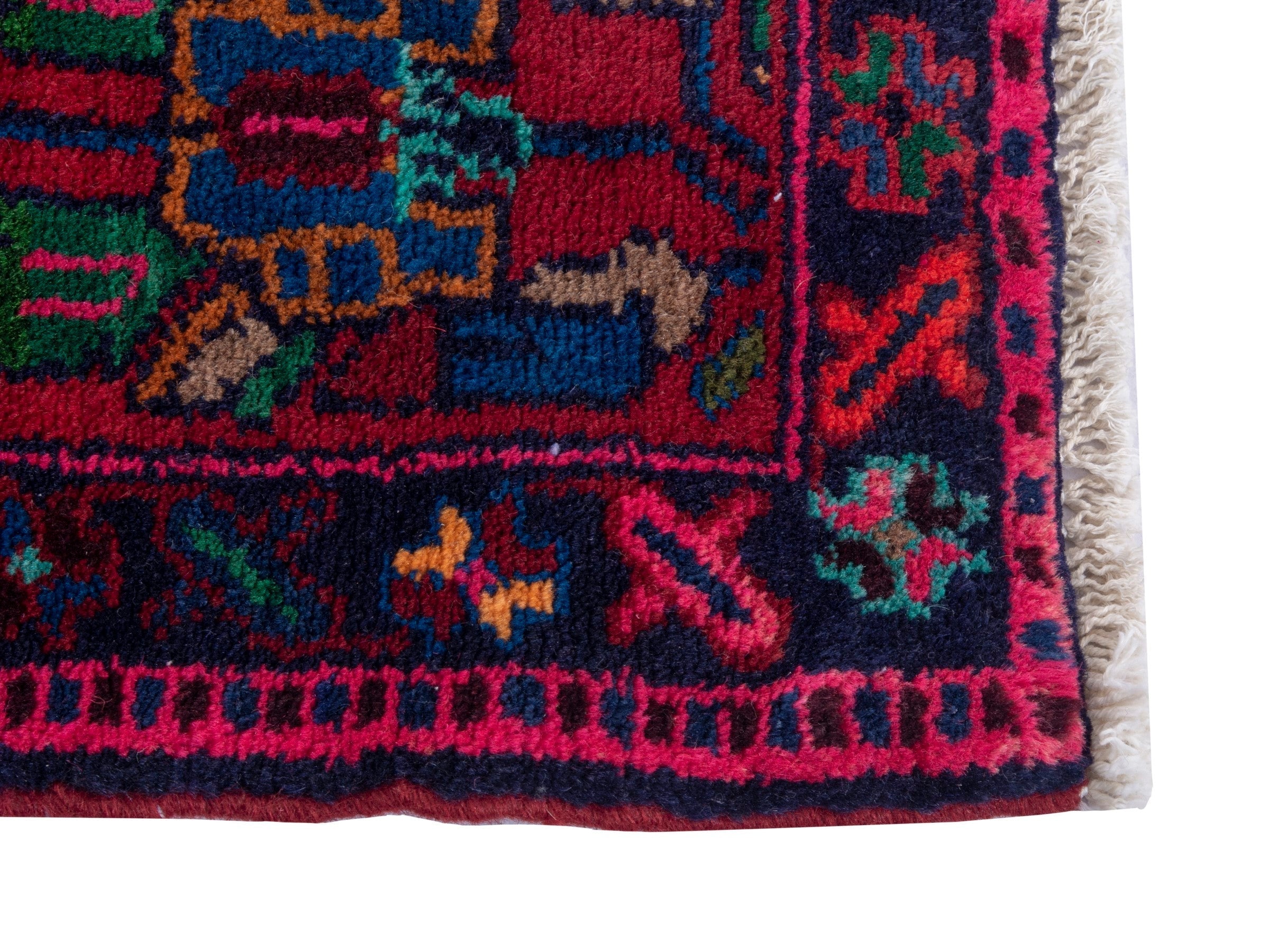 Persian Hamedan accent rug in deep red and dark blue, view 4 of 8