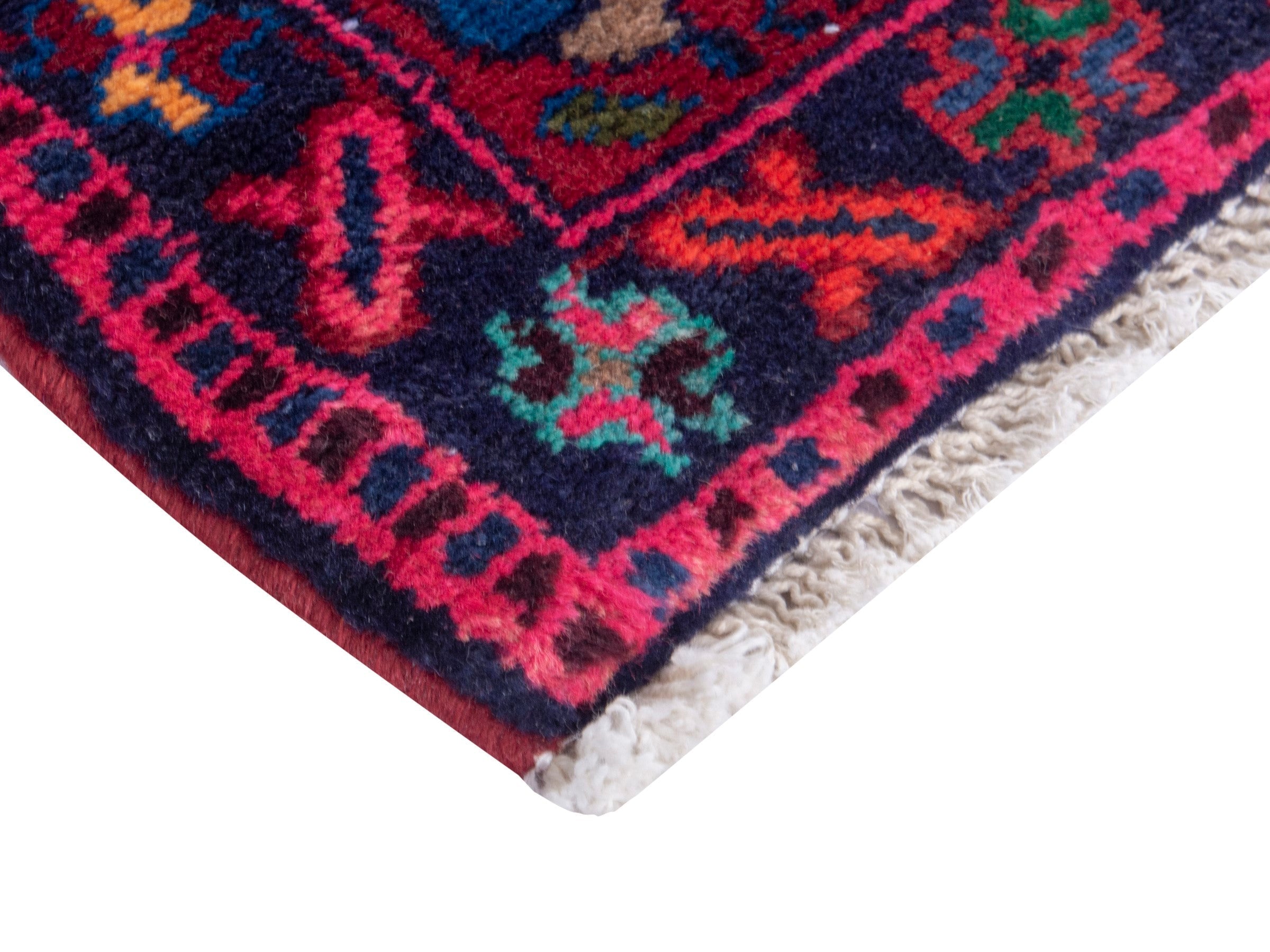 Persian Hamedan accent rug in deep red and dark blue, view 5 of 8