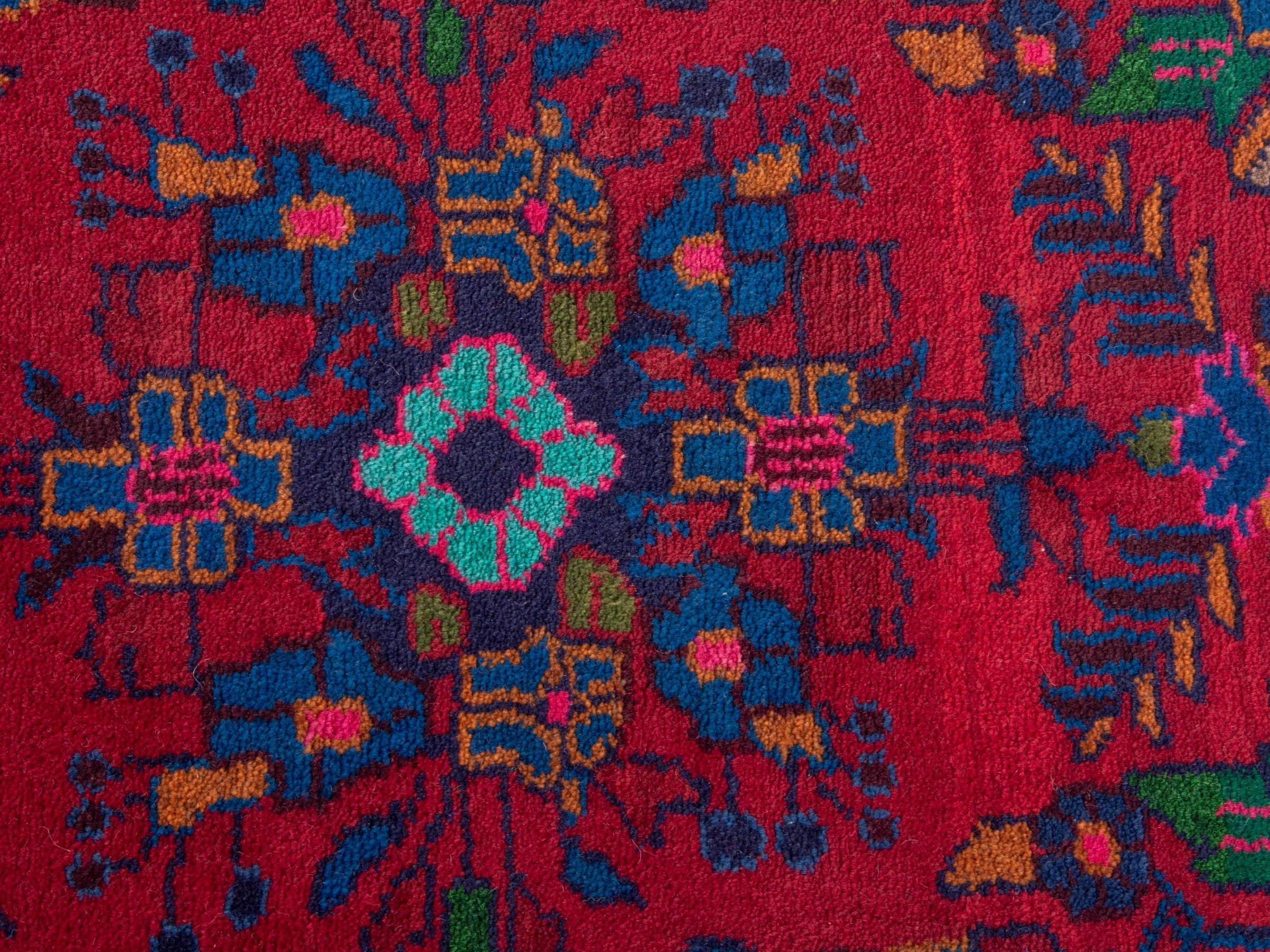 Persian Hamedan accent rug in deep red and dark blue, view 6 of 8