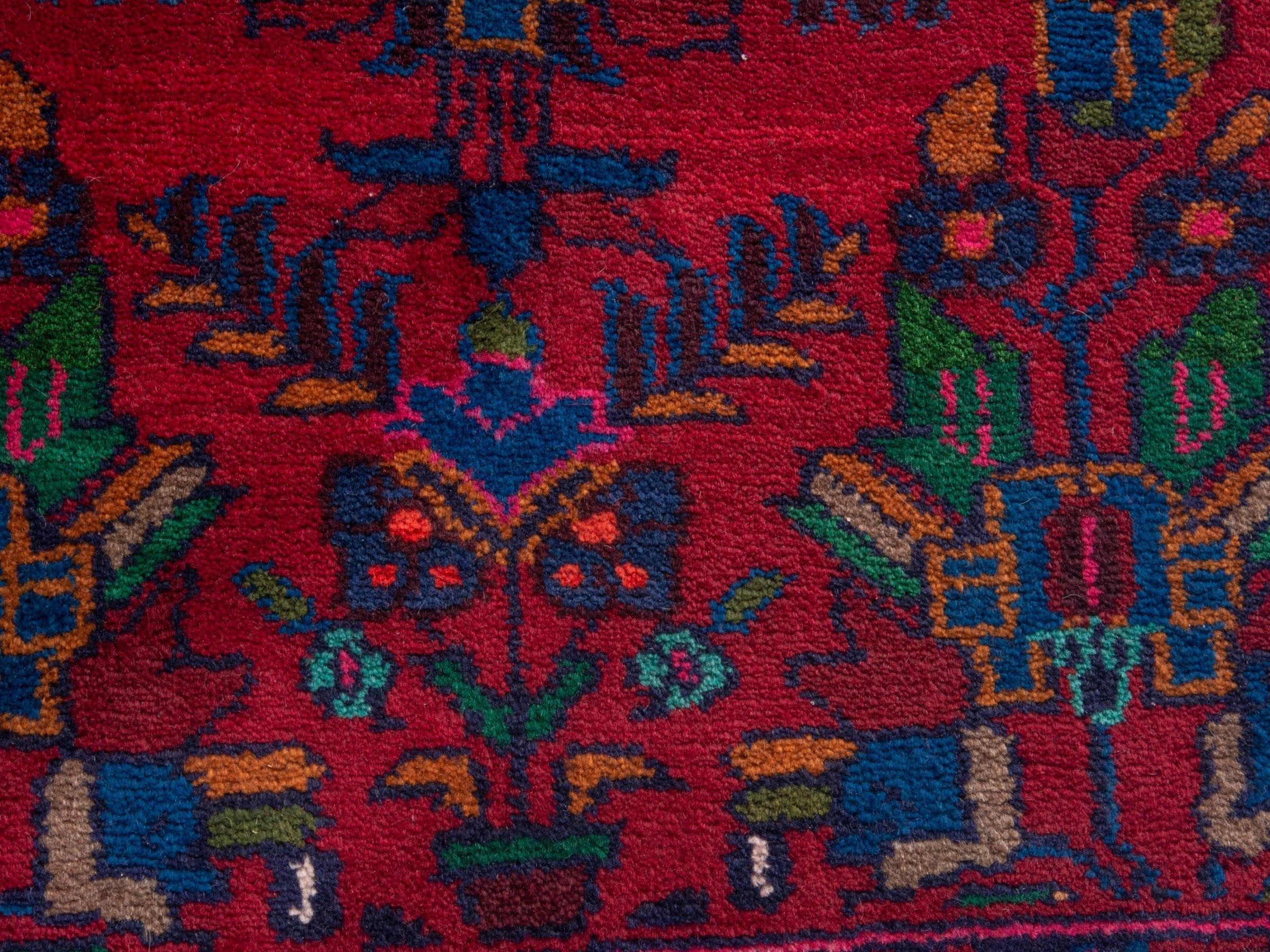 Persian Hamedan accent rug in deep red and dark blue, view 7 of 8