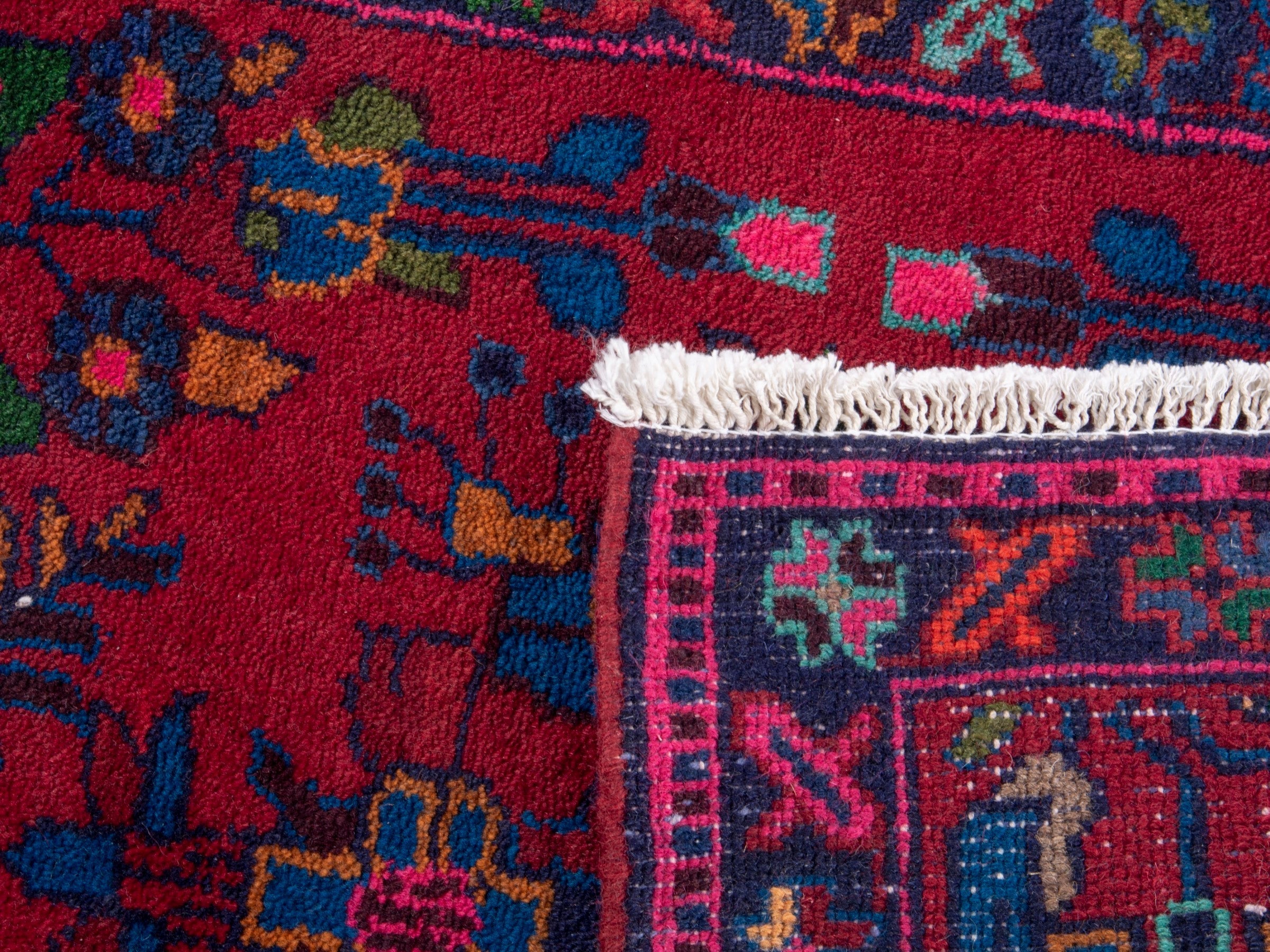 Persian Hamedan accent rug in deep red and dark blue, view 8 of 8