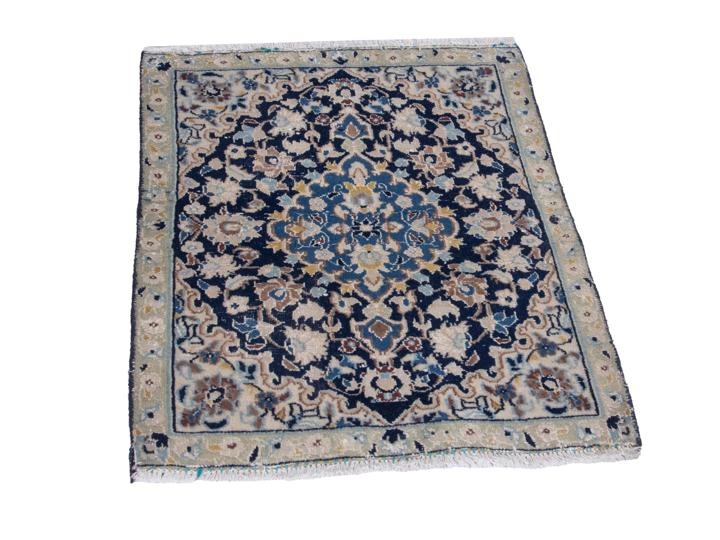 Persian Nain accent rug in navy and tan, view 2 of 8