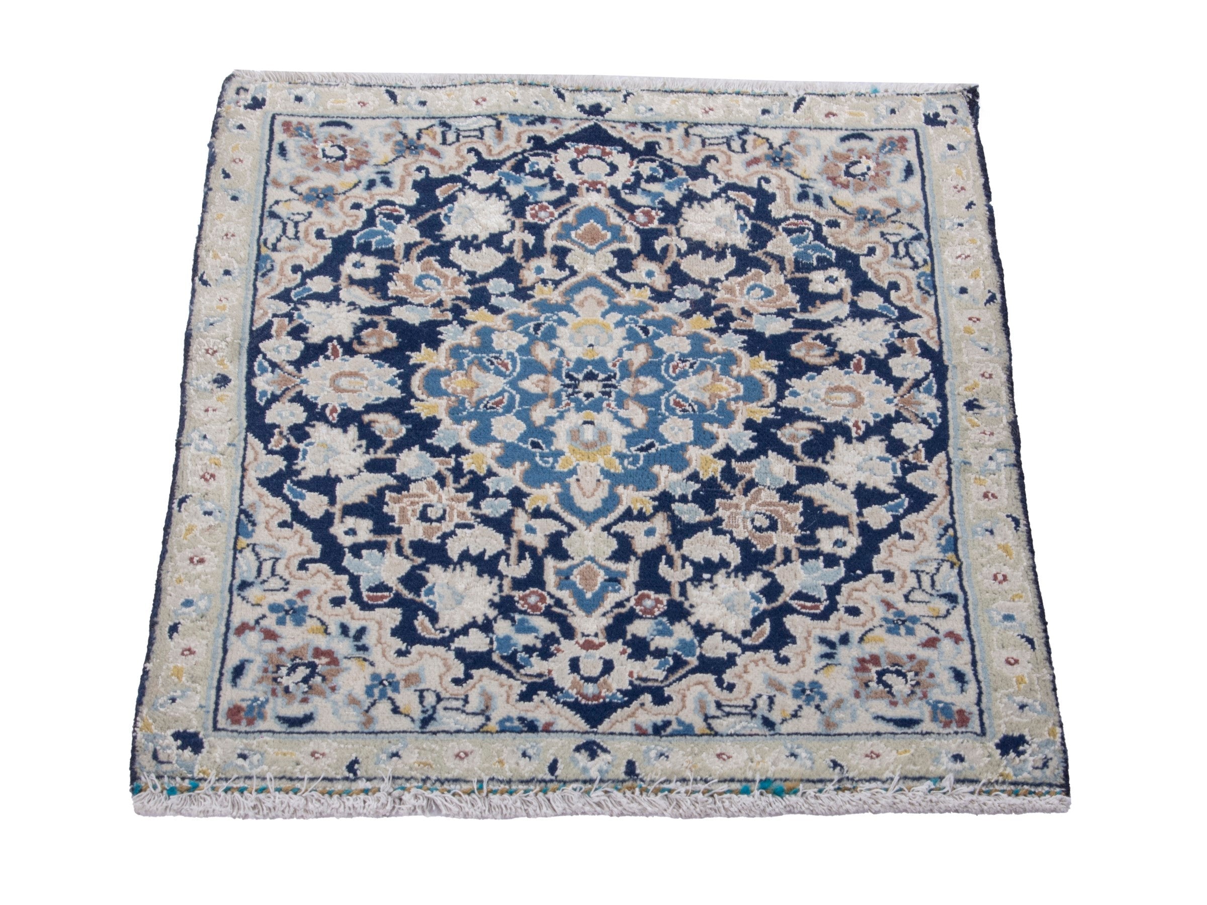 Persian Nain accent rug in navy and tan, view 3 of 8