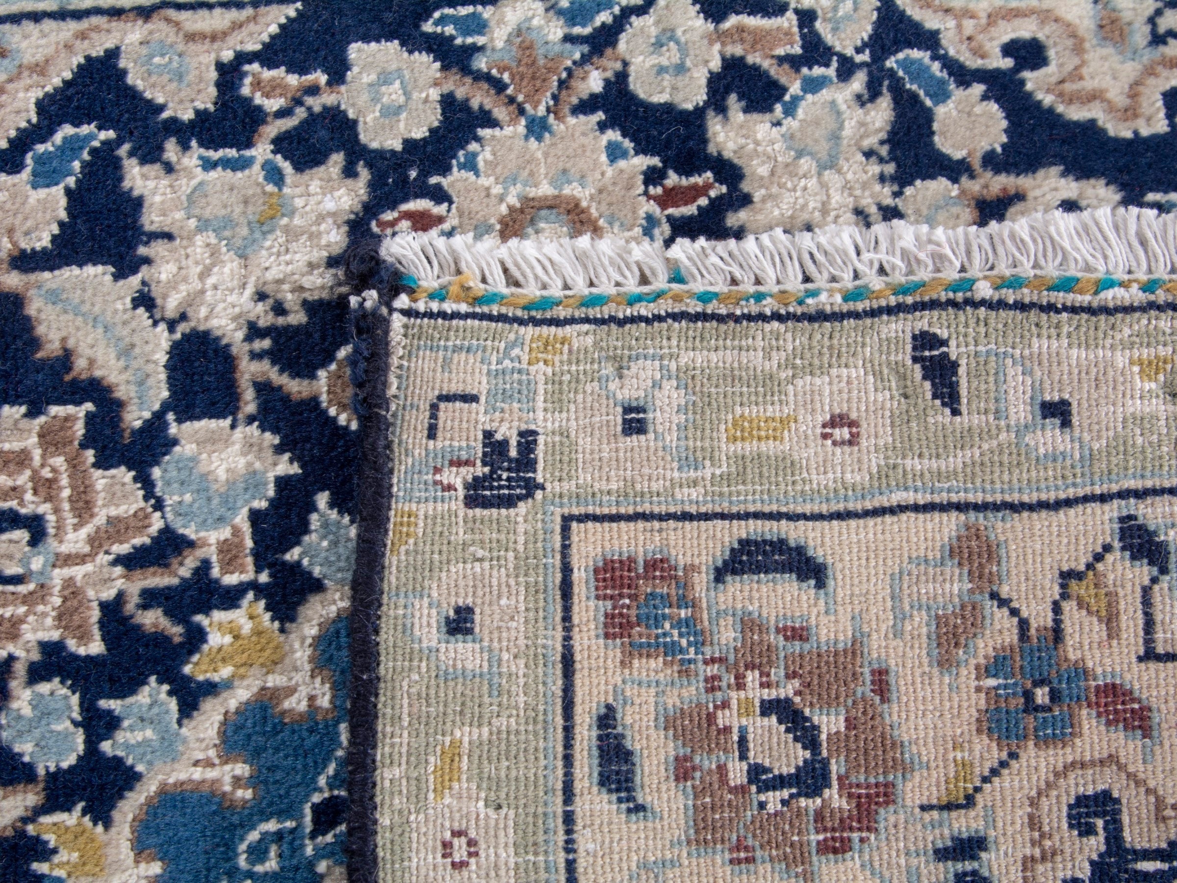 Persian Nain accent rug in navy and tan, view 8 of 8