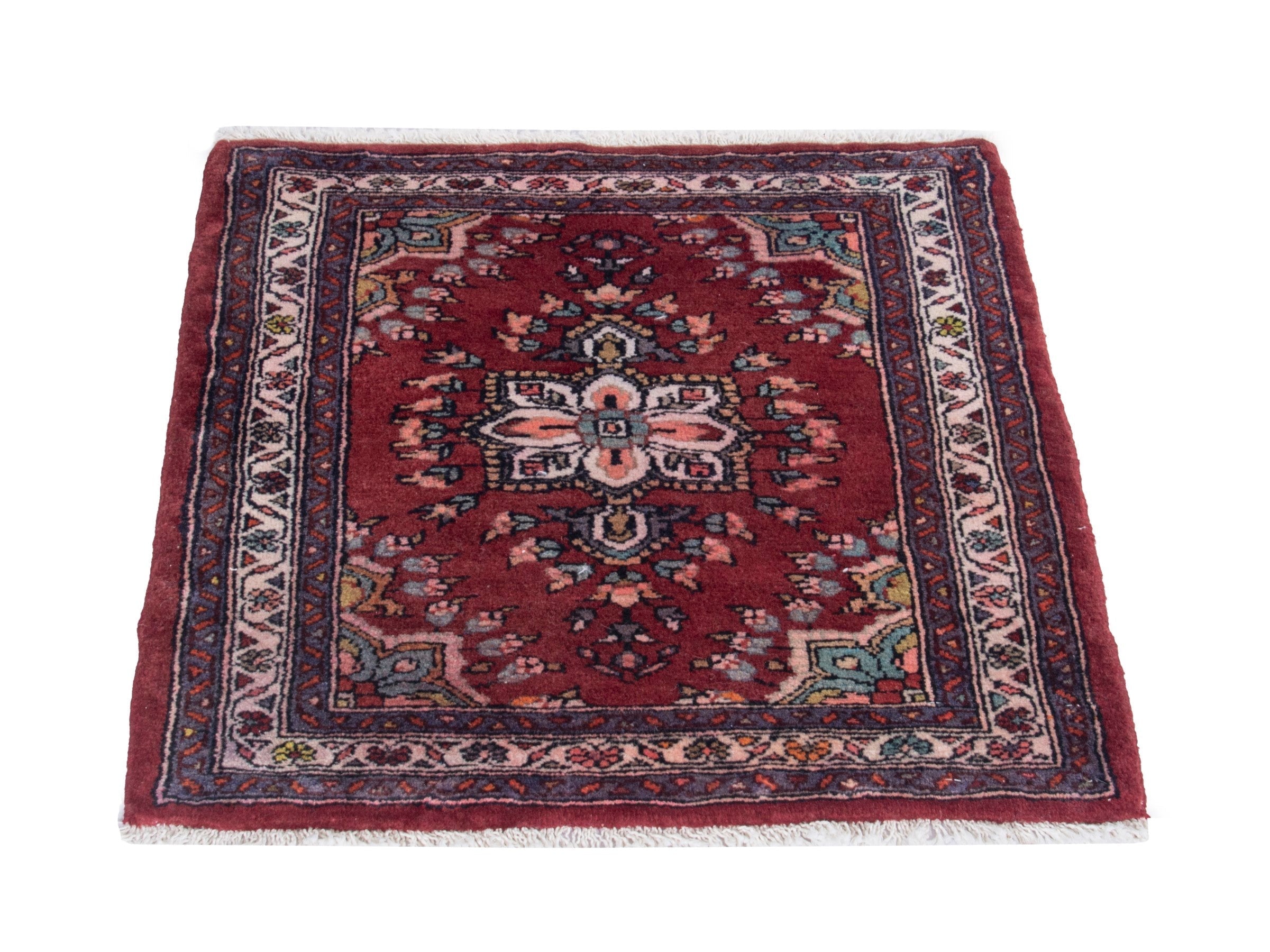 Persian Hamedan accent rug in burgundy and cream, view 2 of 7