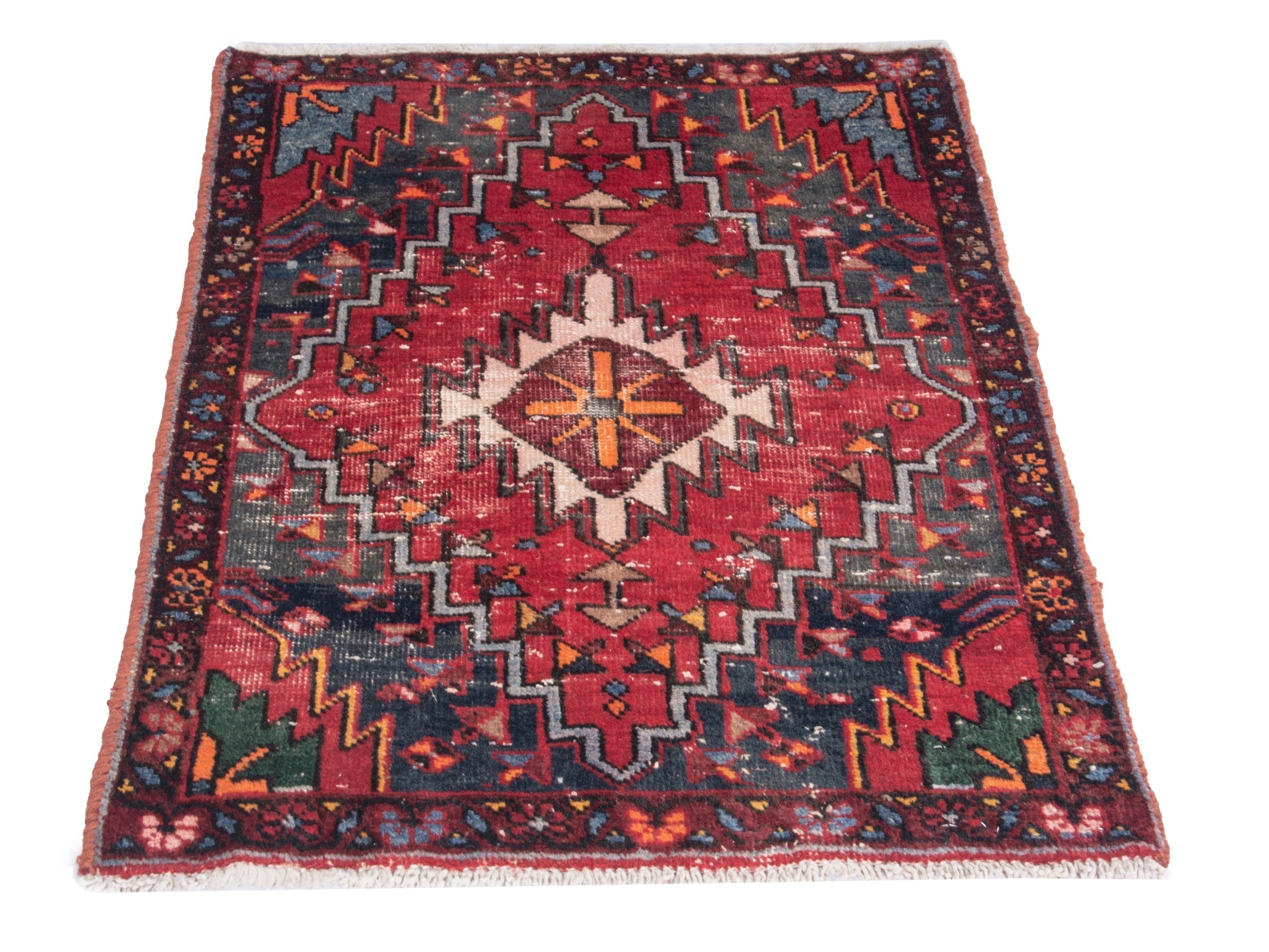 Persian Azerbaijan accent rug in deep red and navy, view 2 of 8