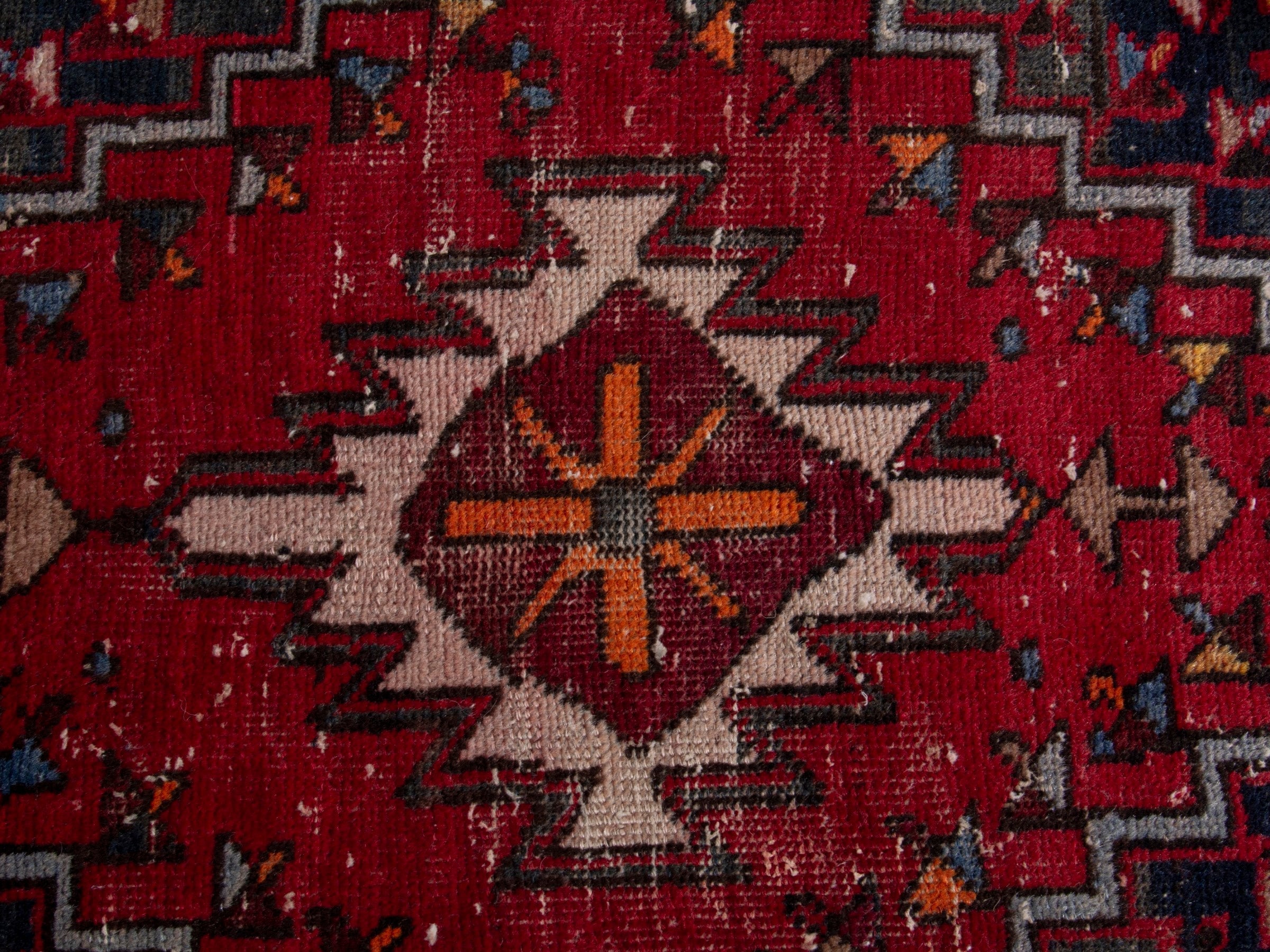 Persian Azerbaijan accent rug in deep red and navy, view 6 of 8