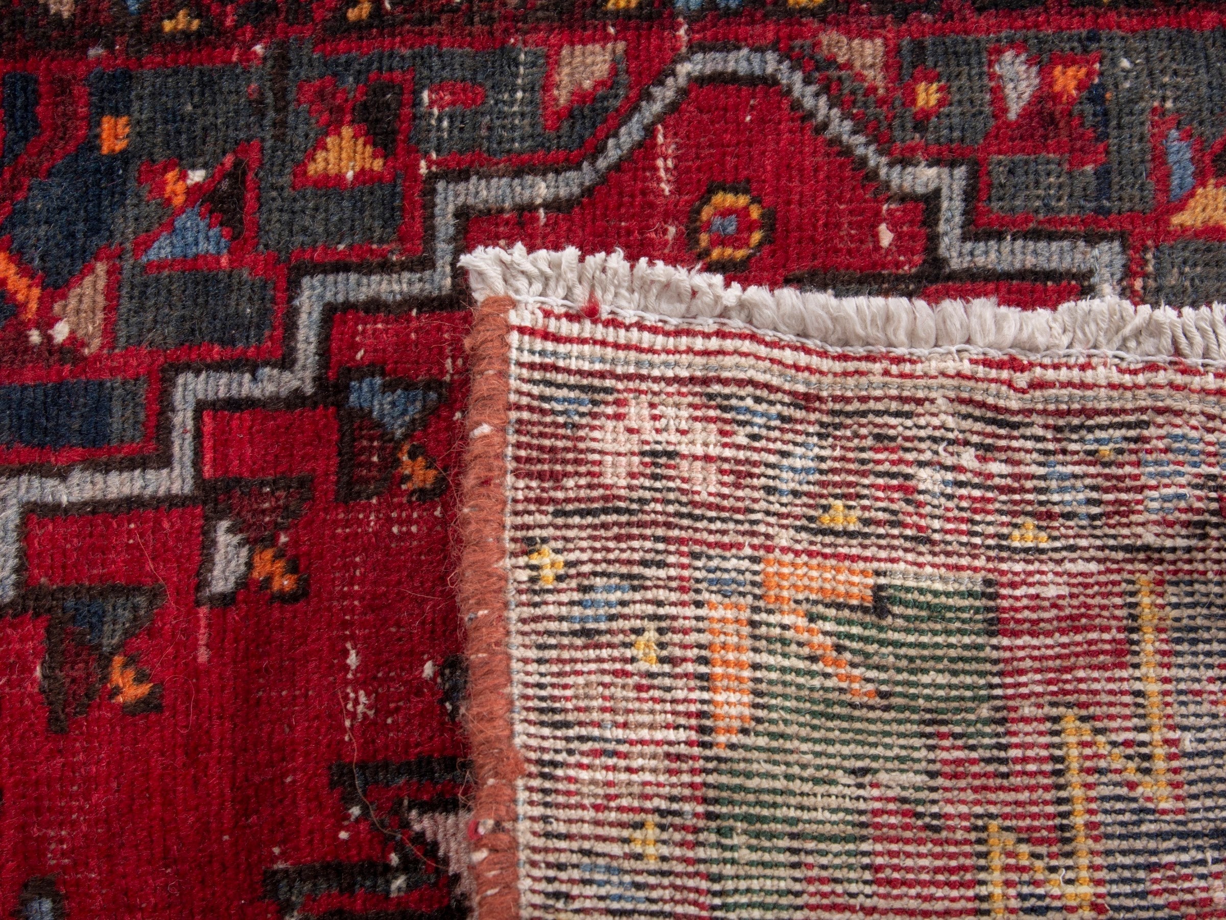 Persian Azerbaijan accent rug in deep red and navy, view 8 of 8