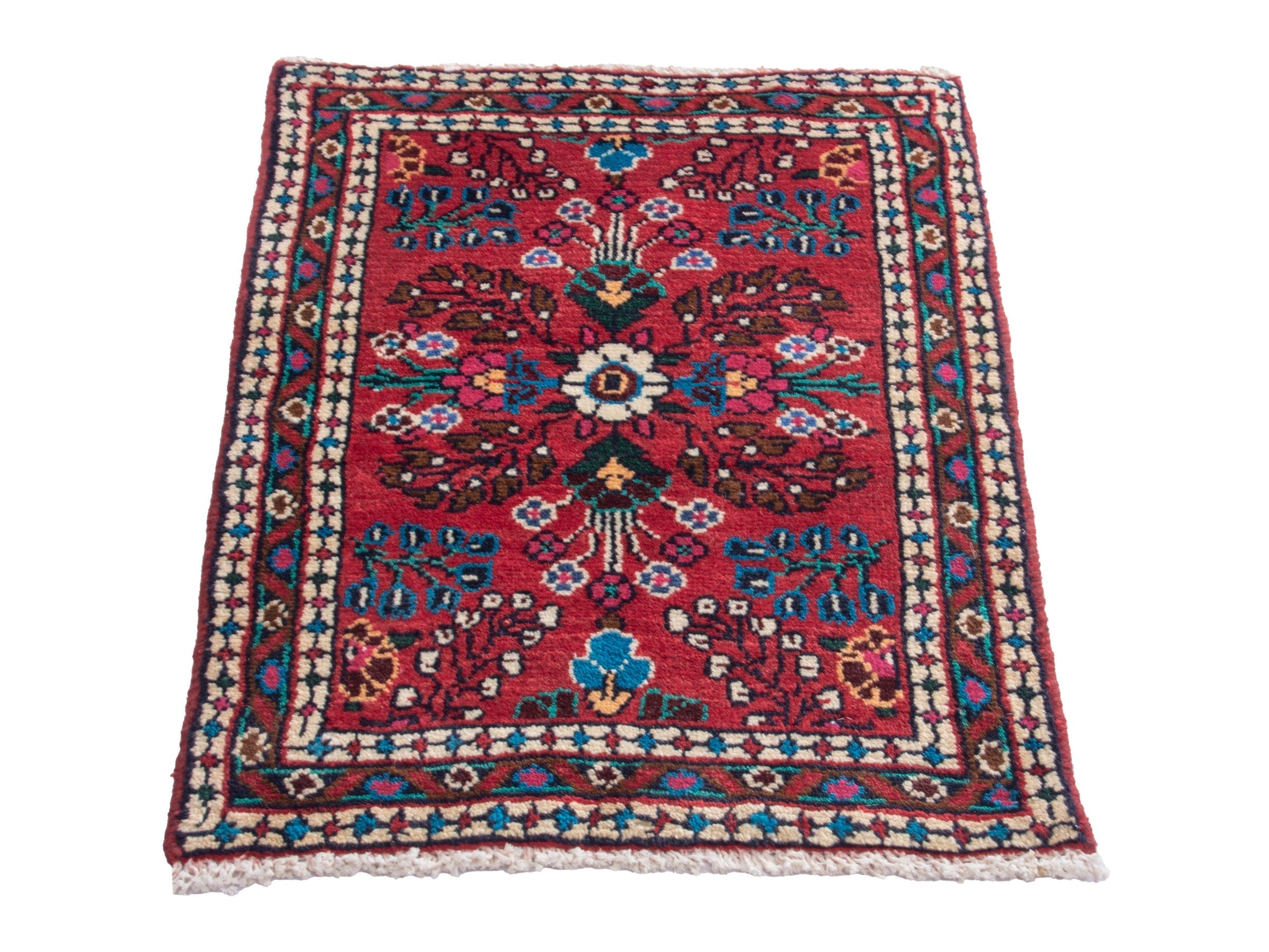 Persian Hamedan accent rug in deep red and navy, view 2 of 7